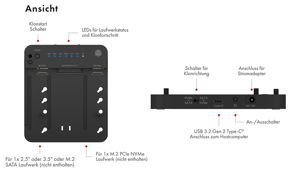 ICY BOX CloneStation & DockingStation IB-2915MSCL-C31 M.2 NVME & SATA 2.5''/3.5'' SSD/HDD ICY BOX CloneStation & DockingStation IB-2915MSCL-C31 M.2 NVME & SATA 2.5''/3.5'' SSD/HDD
