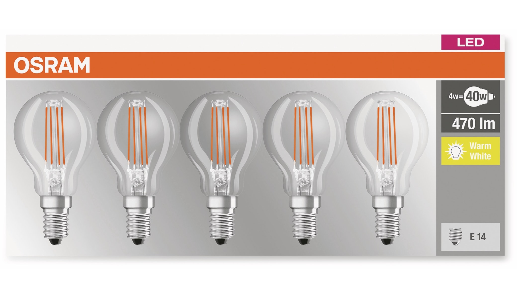 OSRAM LED-Lampe BASE CLASSIC P, E14, EEK: E, 4 W, 470 lm, 2700 K, 5 Stk. OSRAM LED-Lampe BASE CLASSIC P, E14, EEK: E, 4 W, 470 lm, 2700 K, 5 Stk.