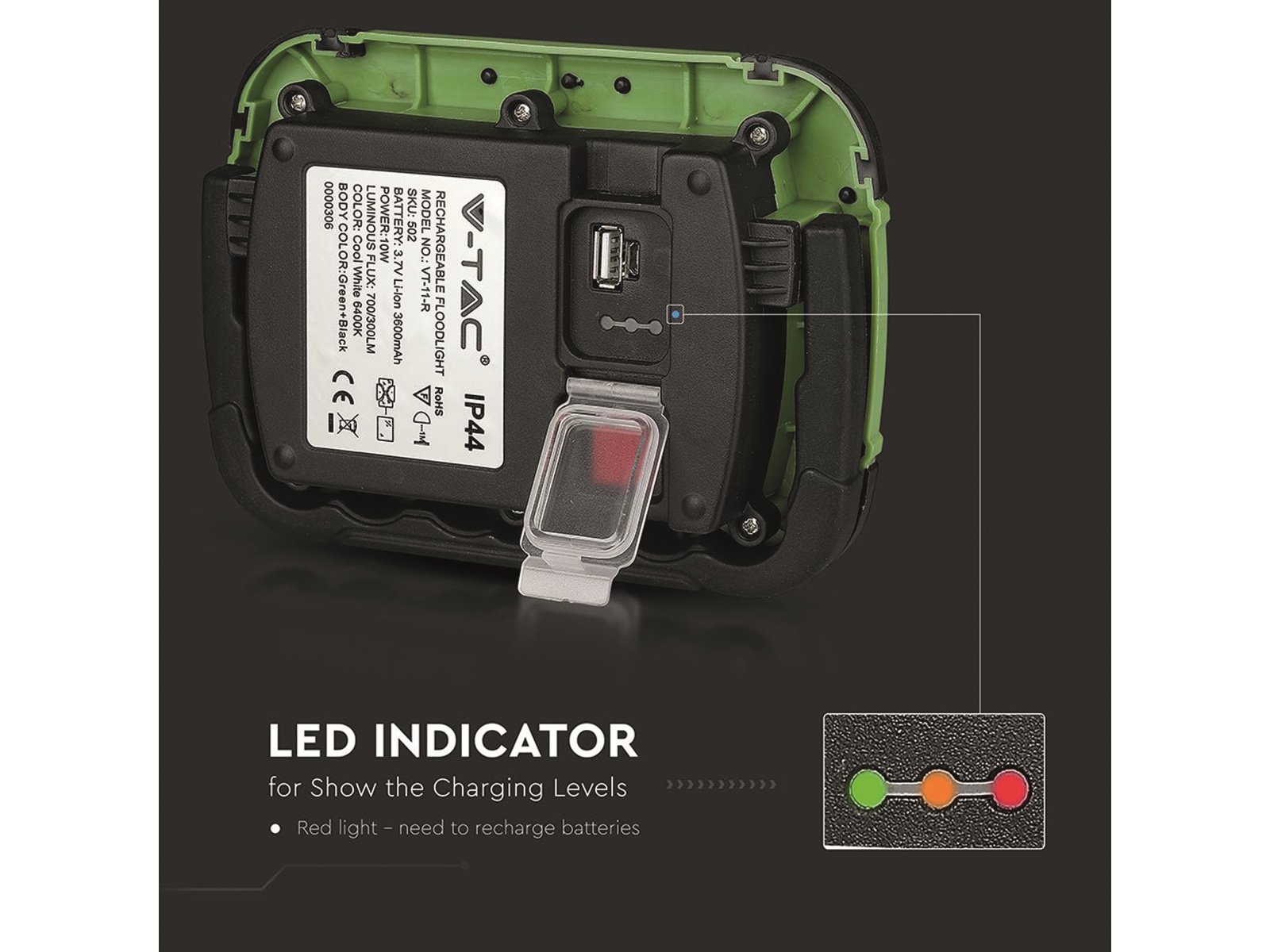 V-TAC LED-Fluter VT-11-R, 10 W, 700 lm, 6400 K, Akkubetrieb, grün/schwarz V-TAC LED-Fluter VT-11-R, 10 W, 700 lm, 6400 K, Akkubetrieb, grün/schwarz
