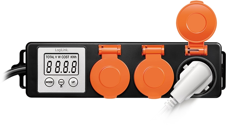 LOGILINK Außensteckdose mit Energiekostenmesser, 2,0"-LCD, Schutzklappe, 3-Fach