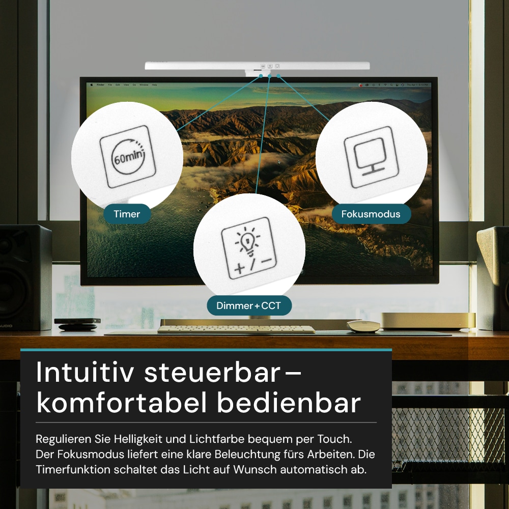 LUXULA LED-Monitorleuchte, 5W, EEK: G, 250lm, CCT, IP20, Touch Control, weiß, 50 cm