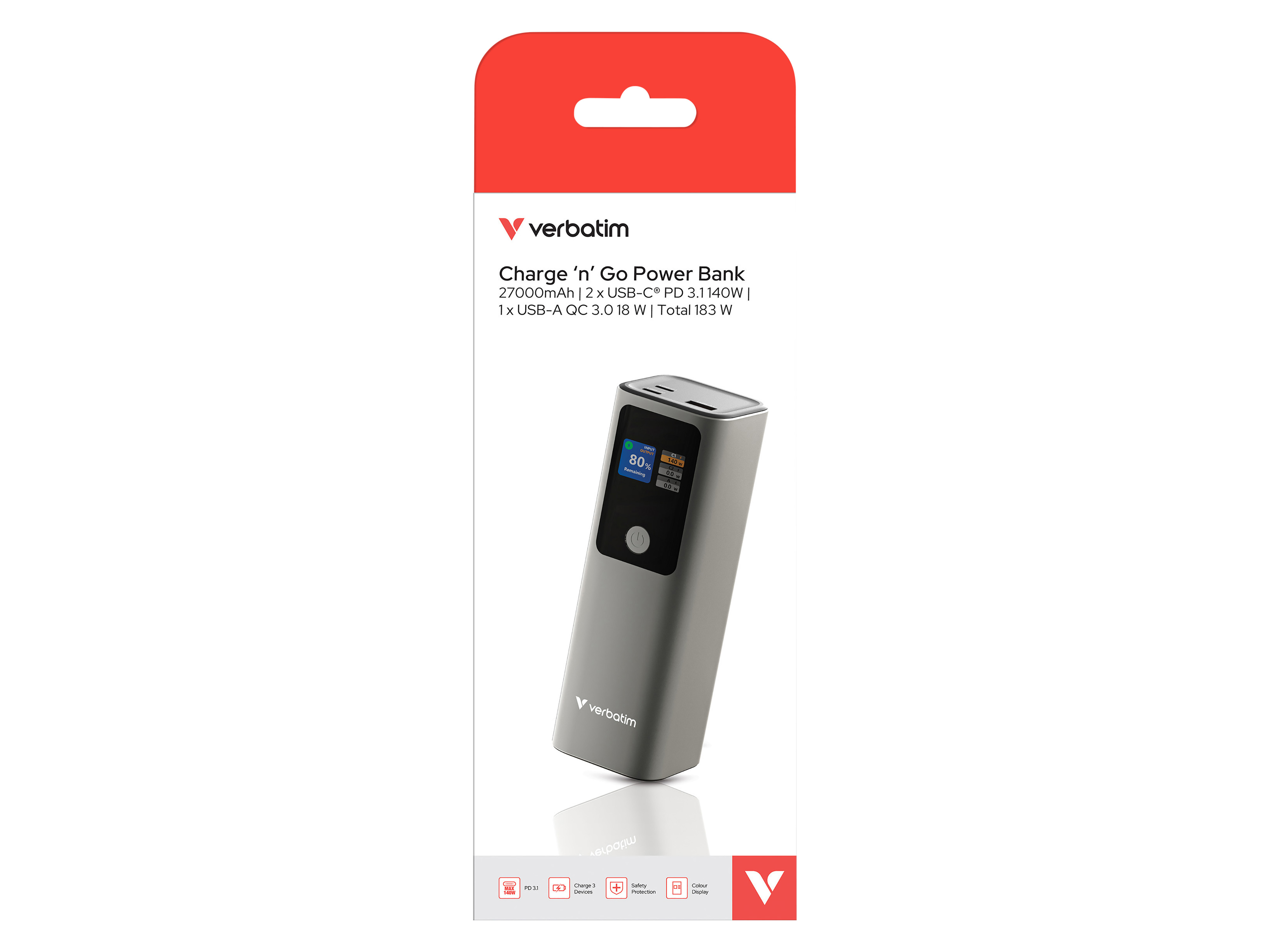 VERBATIM Powerbank, Charge'n'Go, 183 W, 27000 mAh, 1x USB-C, 1x USB-A, metall-grau VERBATIM Powerbank, Charge'n'Go, 183 W, 27000 mAh, 1x USB-C, 1x USB-A, metall-grau