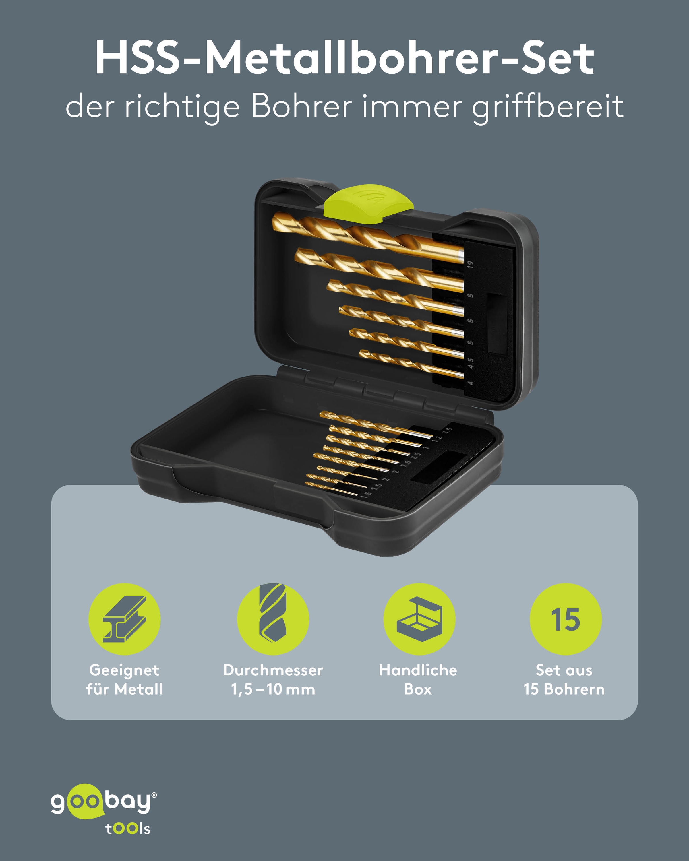 GOOBAY TOOLS HSS-Metallbohrer-Set, 77850, 1,5-10 mm, 15-teilig GOOBAY TOOLS HSS-Metallbohrer-Set, 77850, 1,5-10 mm, 15-teilig