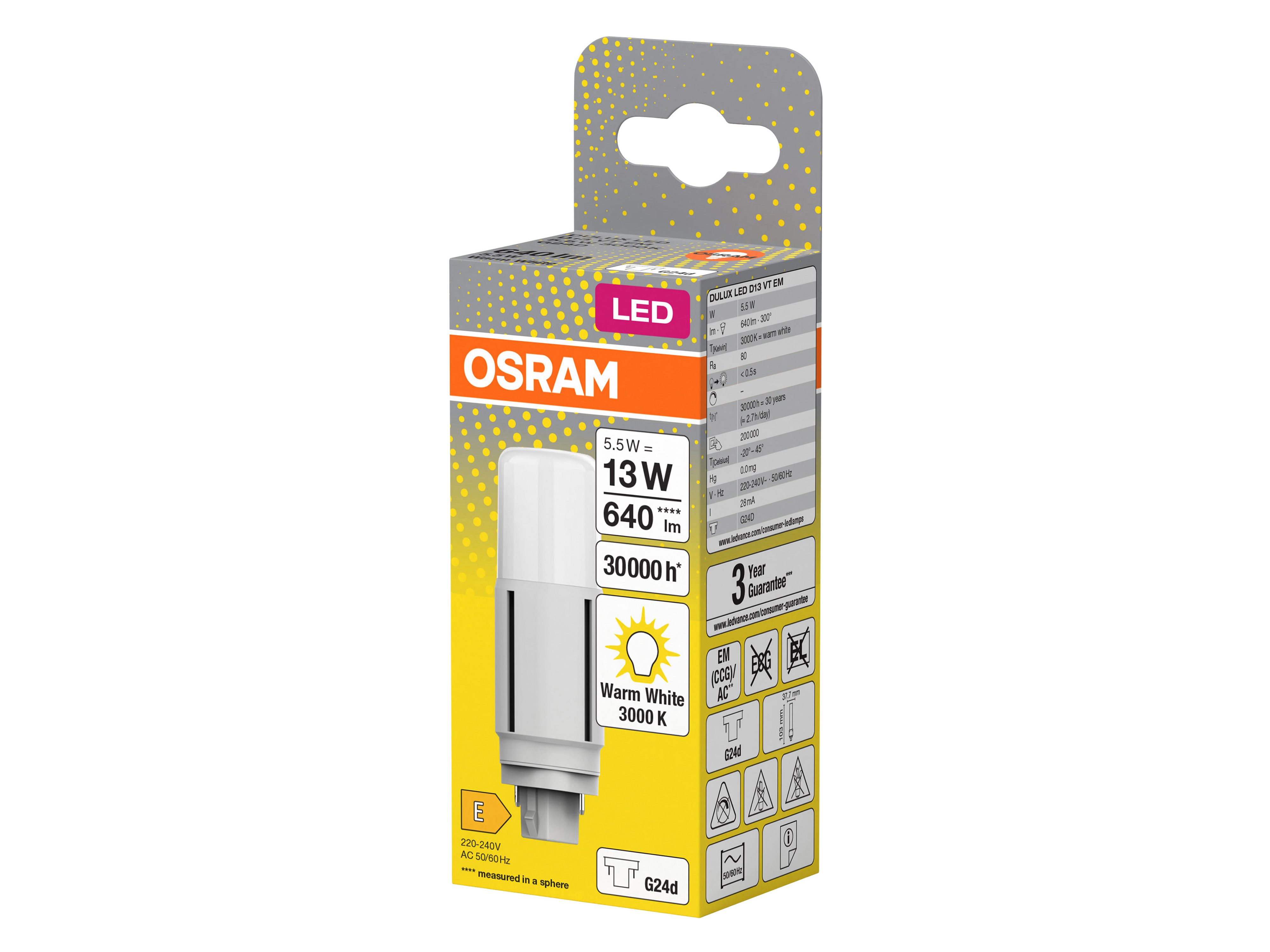 OSRAM LED-Lampe, Dulux D13, G24d, EEK: E, 5,5W, 640lm, 3000K OSRAM LED-Lampe, Dulux D13, G24d, EEK: E, 5,5W, 640lm, 3000K