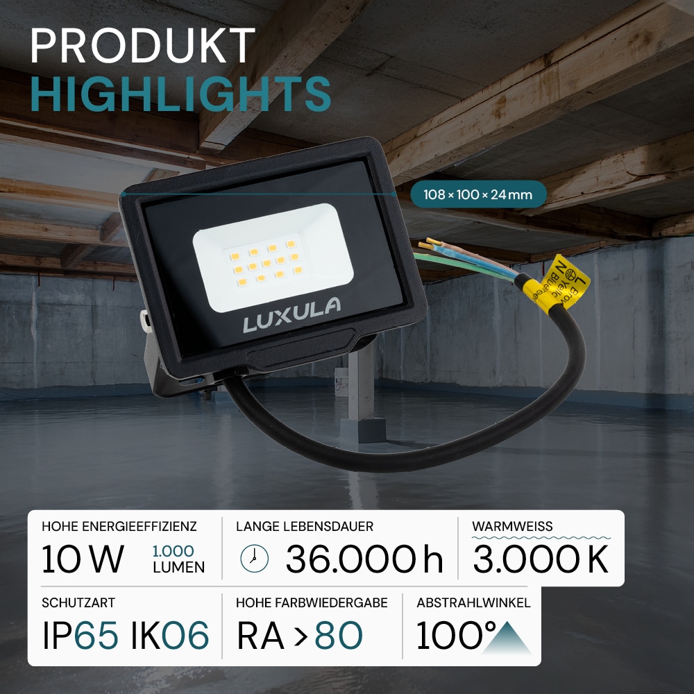 LUXULA LED-Fluter, EEK: F, 10W, 1000lm, 3000K, schwarz