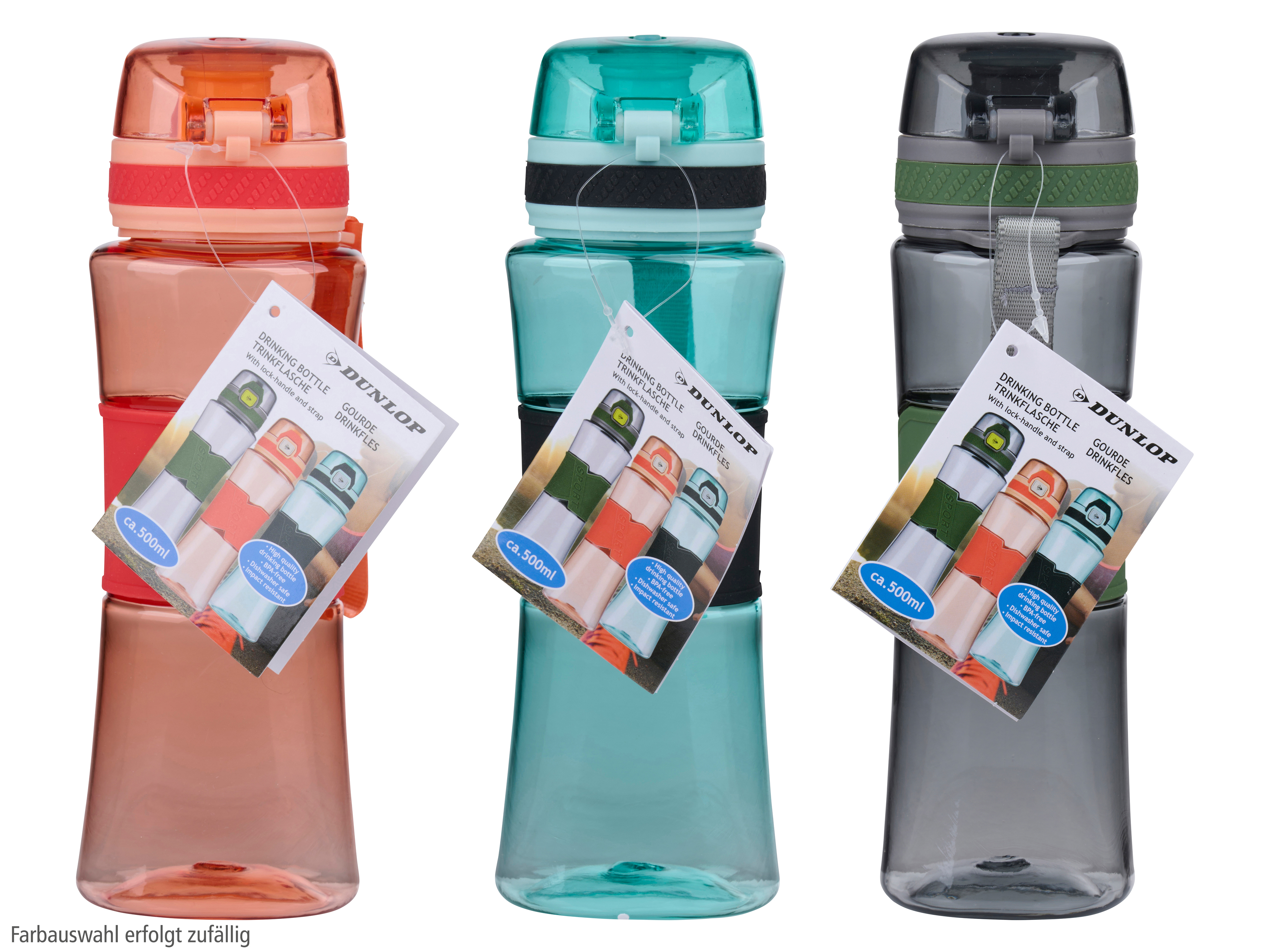 DUNLOP Trinkflasche, 500 ml, 3 verschiedene Farben DUNLOP Trinkflasche, 50ml, 3 verschiedene Farben