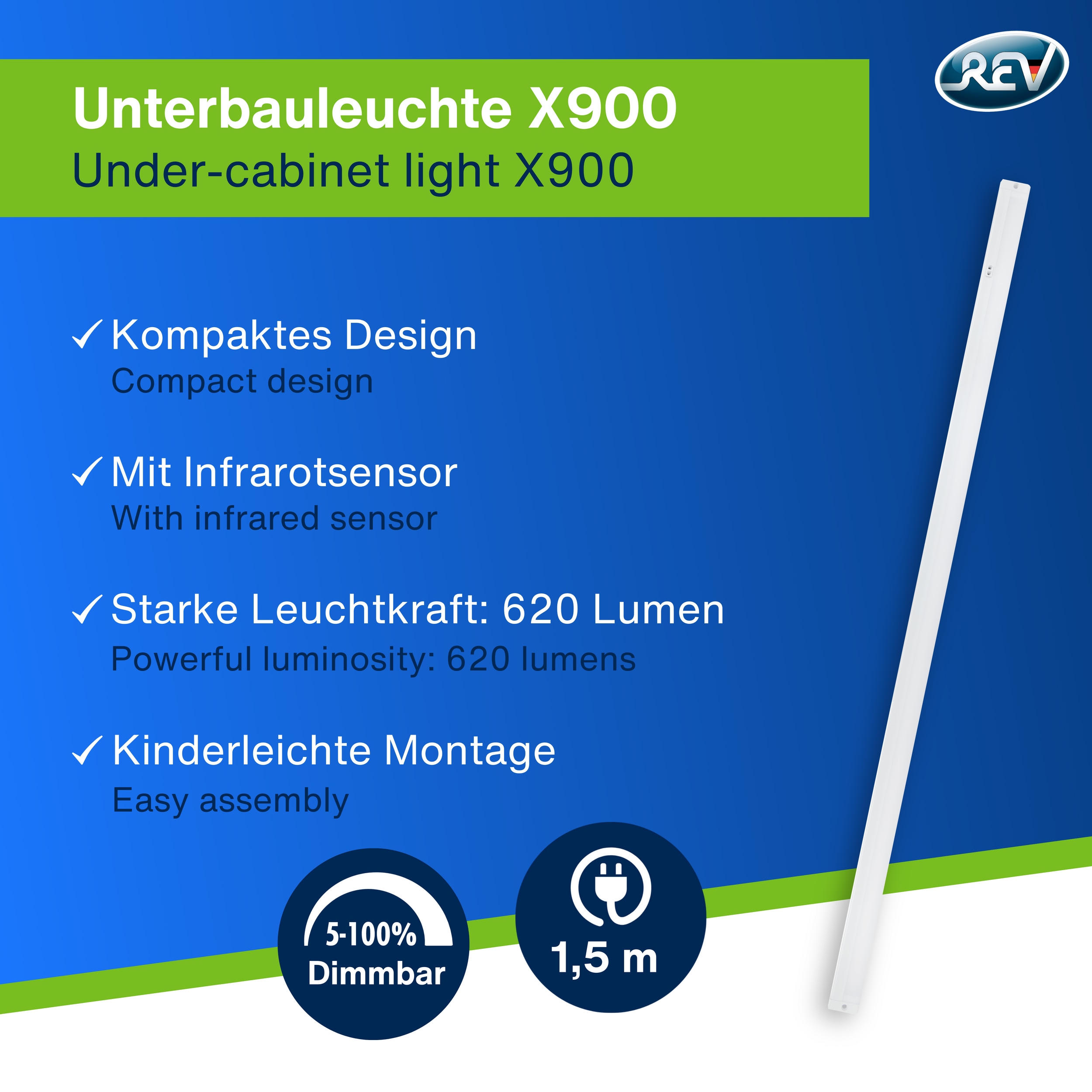 REV LED-Unterbauleuchte, 8W, 3000K, 620lm, warmweiß, IP20, 90 cm REV LED-Unterbauleuchte, 8W, 3000K, 620lm, warmweiß, IP20, 90 cm