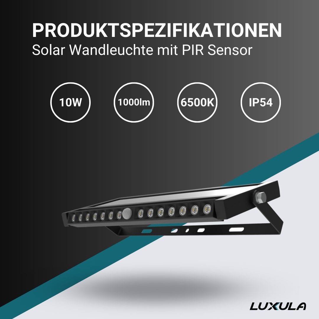 LUXULA Solar LED-Wandleuchte, 10 W, 1000 lm, PIR-Sensor, schwenkbar LUXULA Solar LED-Wandleuchte, 10 W, 1000 lm, PIR-Sensor, schwenkbar