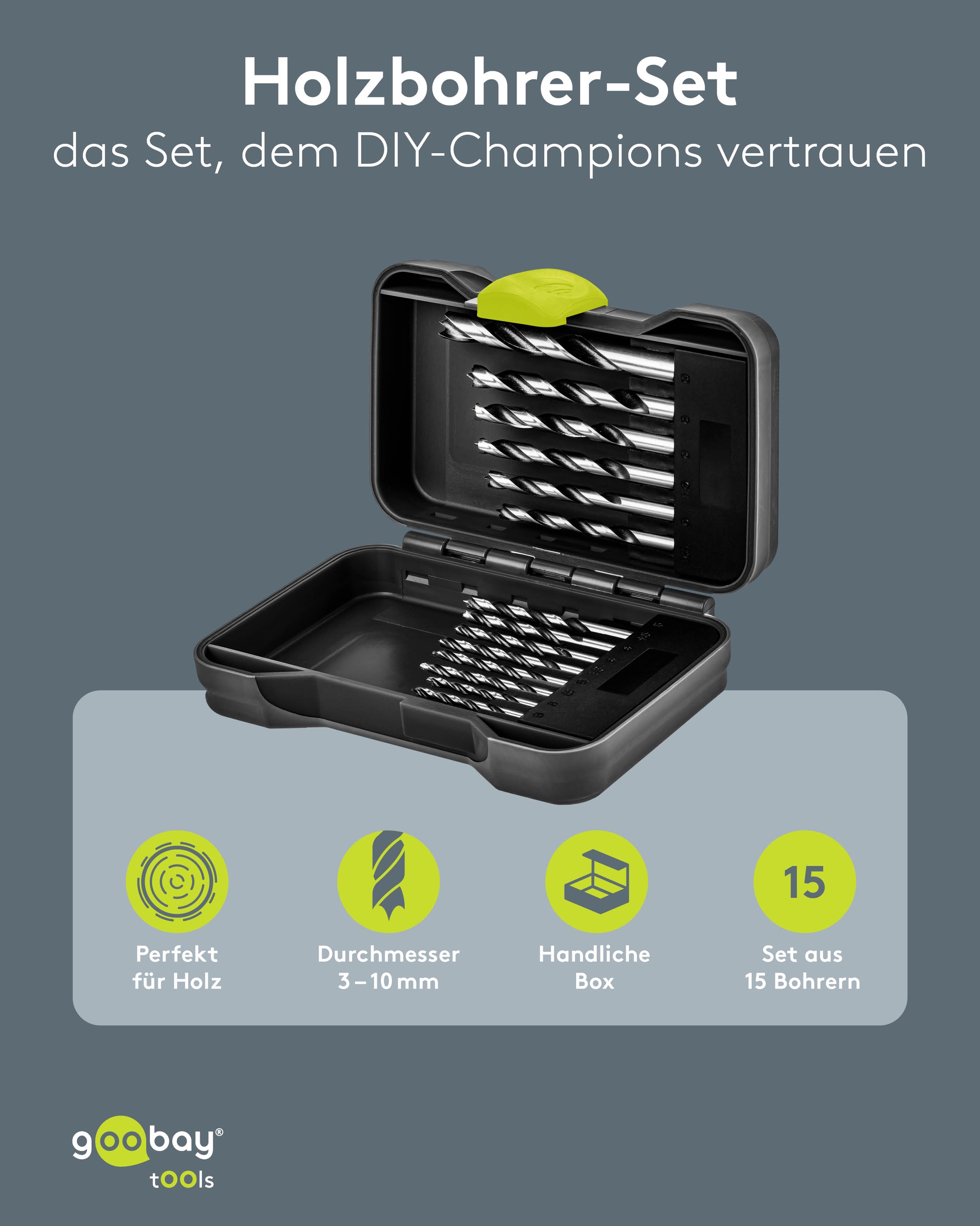 GOOBAY TOOLS Holzbohrer-Set, 77847, 3-10 mm, 15-teilig GOOBAY TOOLS Holzbohrer-Set, 77847, 3-10 mm, 15-teilig
