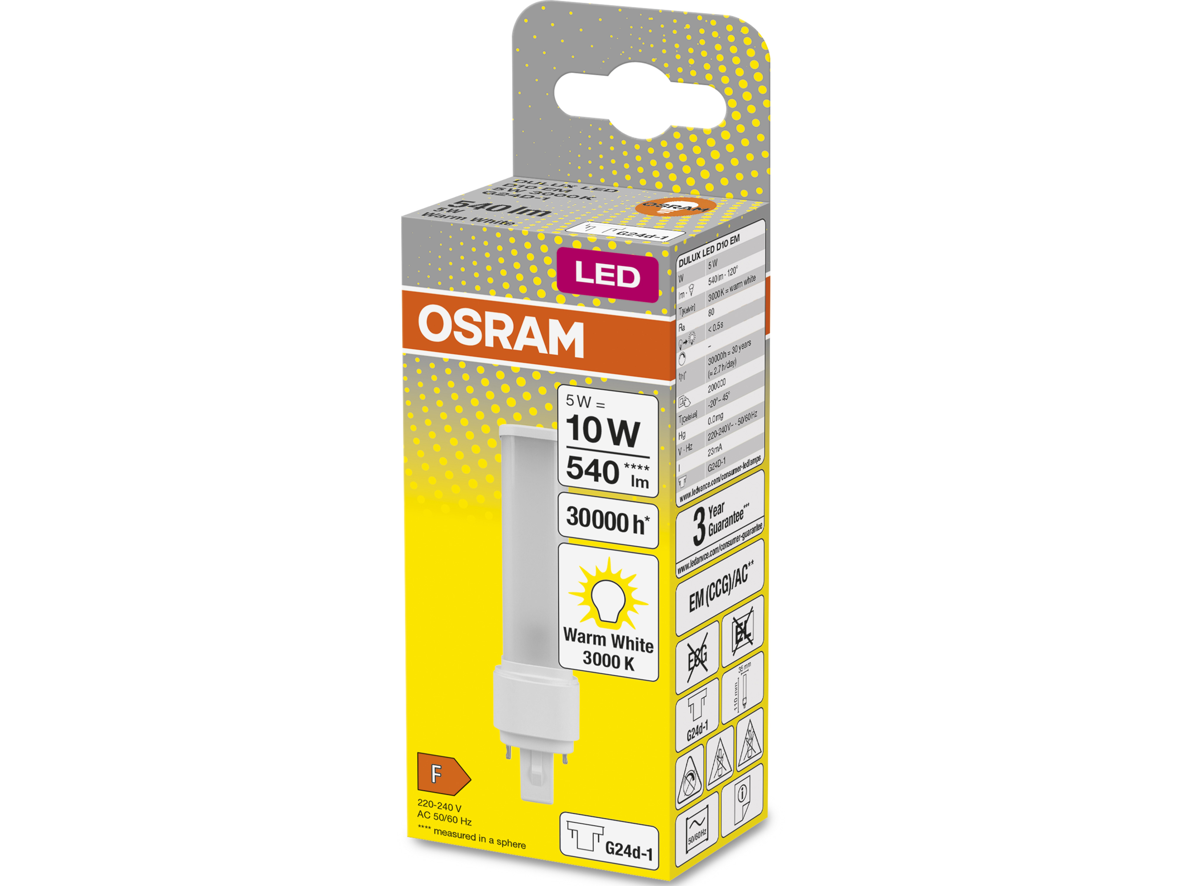 OSRAM LED-Lampe, Dulux D10, G24d-1, EEK: F, 5W, 540lm, 3000K OSRAM LED-Lampe, Dulux D10, G24d-1, EEK: F, 5W, 540lm, 3000K