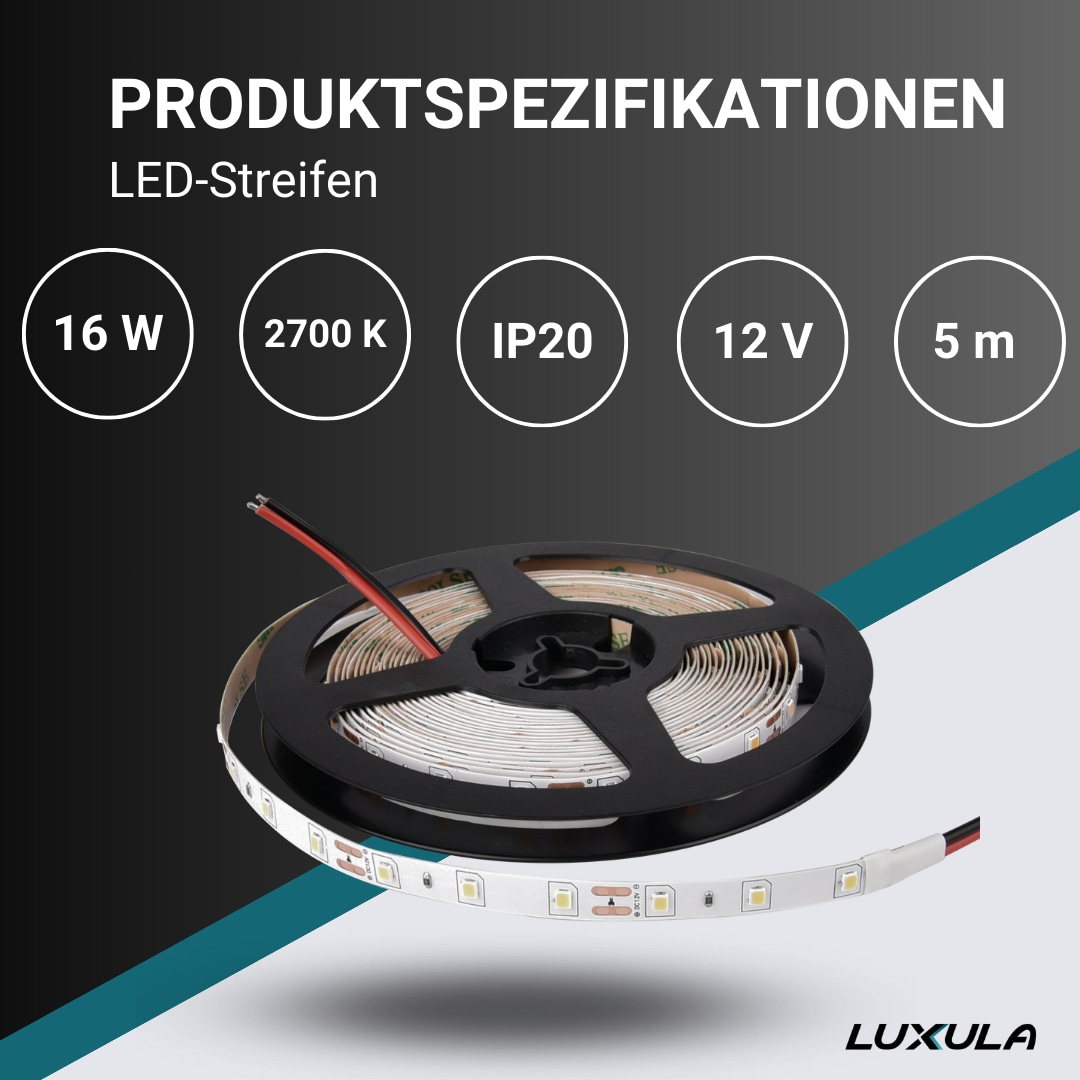 LUXULA LED-Strip, 5 m, warmweiß, EEK: F, 12 V, 2700 K, 60-LED/m LUXULA LED-Strip, 5 m, warmweiß, EEK: F, 12 V, 2700 K, 60-LED/m