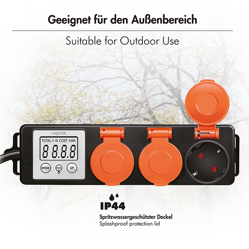 LOGILINK Außensteckdose EM0008, mit Energiekostenmesser, 2,0"-LCD, Schutzklappe, 3-Fach LOGILINK Außensteckdose mit Energiekostenmesser, 2,0"-LCD, Schutzklappe, 3-Fach