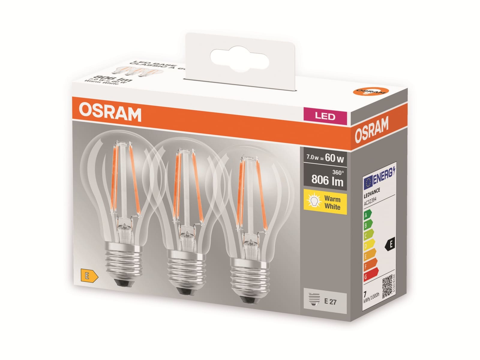 OSRAM LED-Lampe BASE CLASSIC A60, E27, EEK: E, 7 W, 806 lm, 2700 K, 3 Stück OSRAM LED-Lampe BASE CLASSIC A60, E27, EEK: E, 7 W, 806 lm, 2700 K, 3 Stück