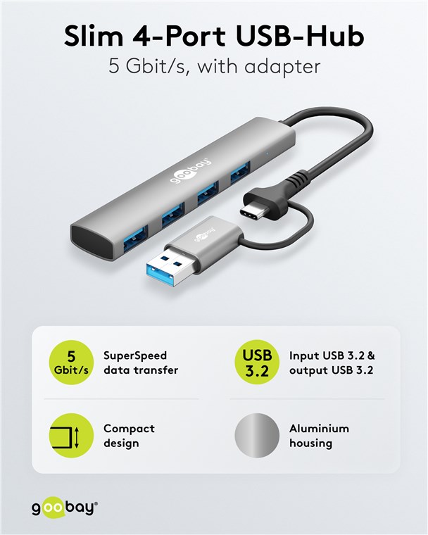 GOOBAY USB3.2 Hub 79149 Slim 4 Port USB-A/USB-C auf USB-A 5 Gbit/s GOOBAY USB3.2 Hub 79149 Slim 4 Port USB-A/USB-C auf USB-A 5 Gbit/s