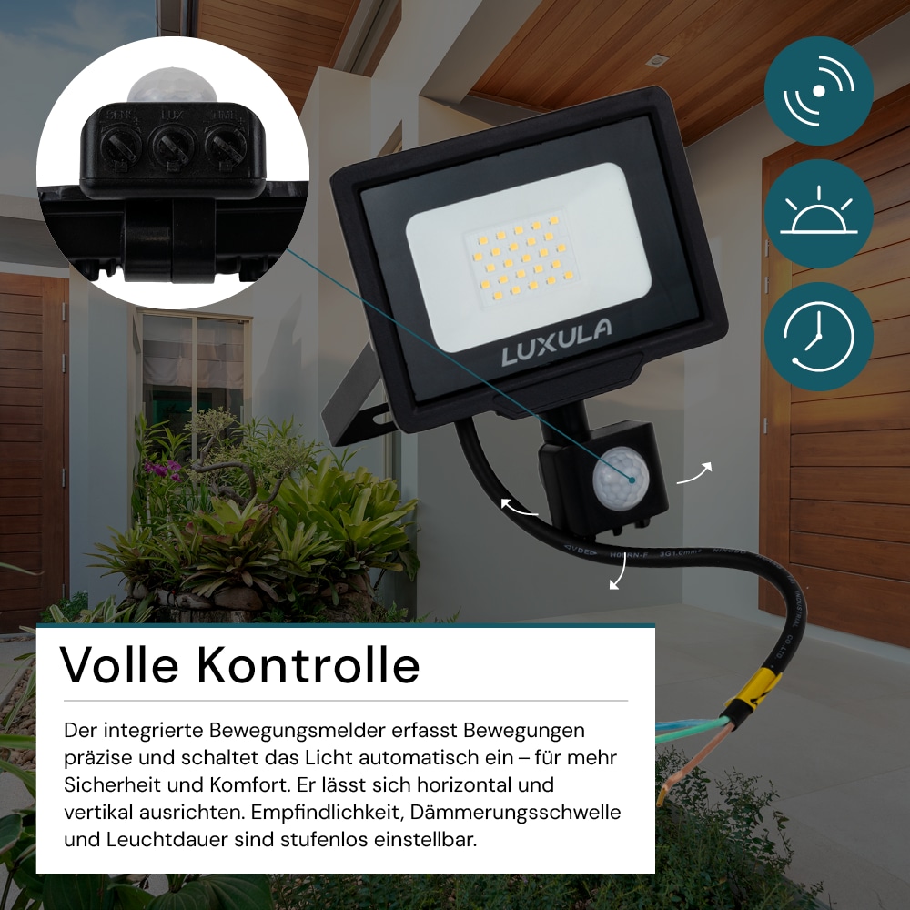 LUXULA LED-Fluter mit Bewegungsmelder, EEK: F, 20W, 2000lm, 4000K, schwarz