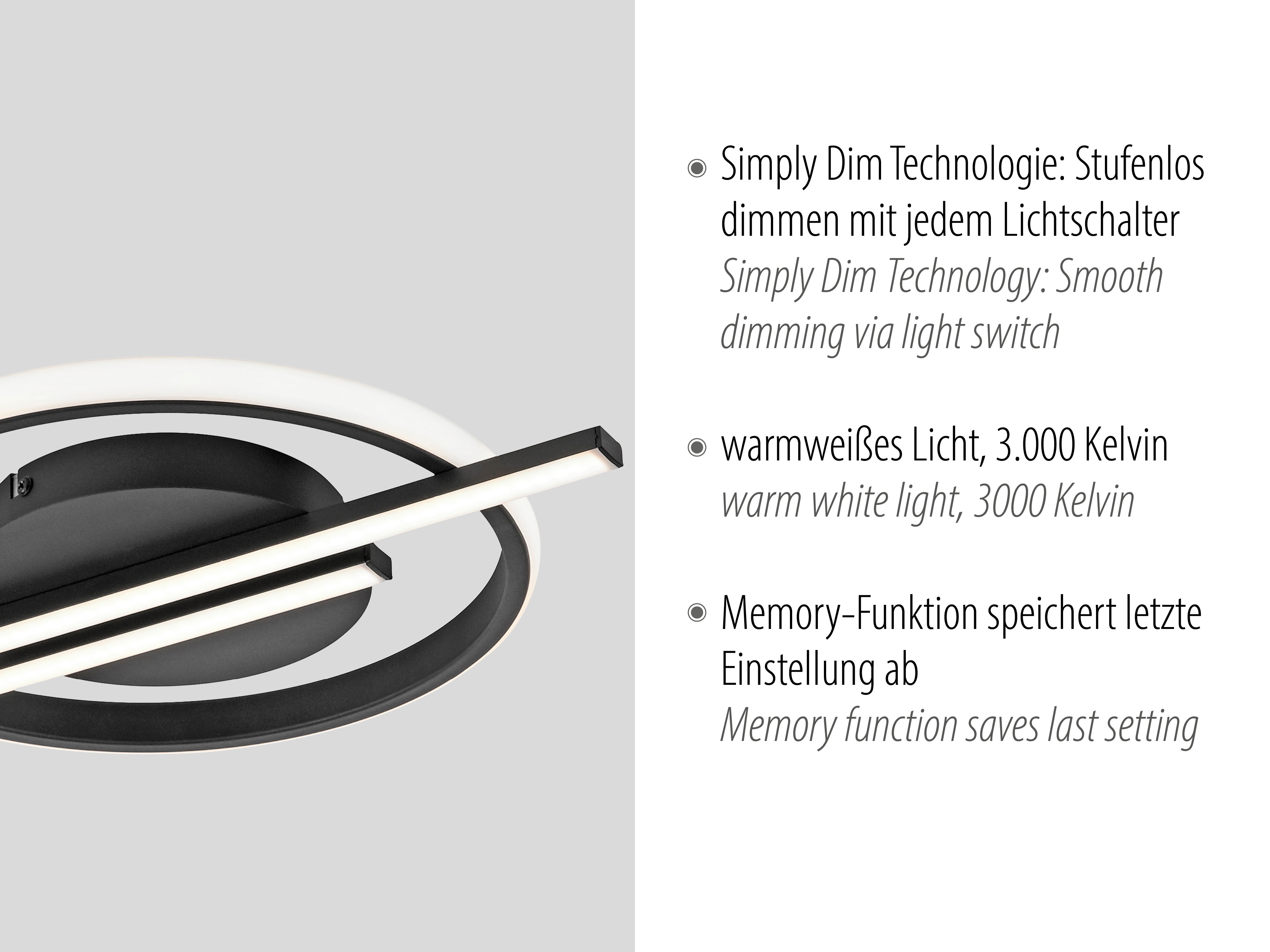 JUST LIGHT LED-Deckenleuchte 14130-18 schwarz, 17,5 W, 2100 lm, 3000 K, Dimmbar