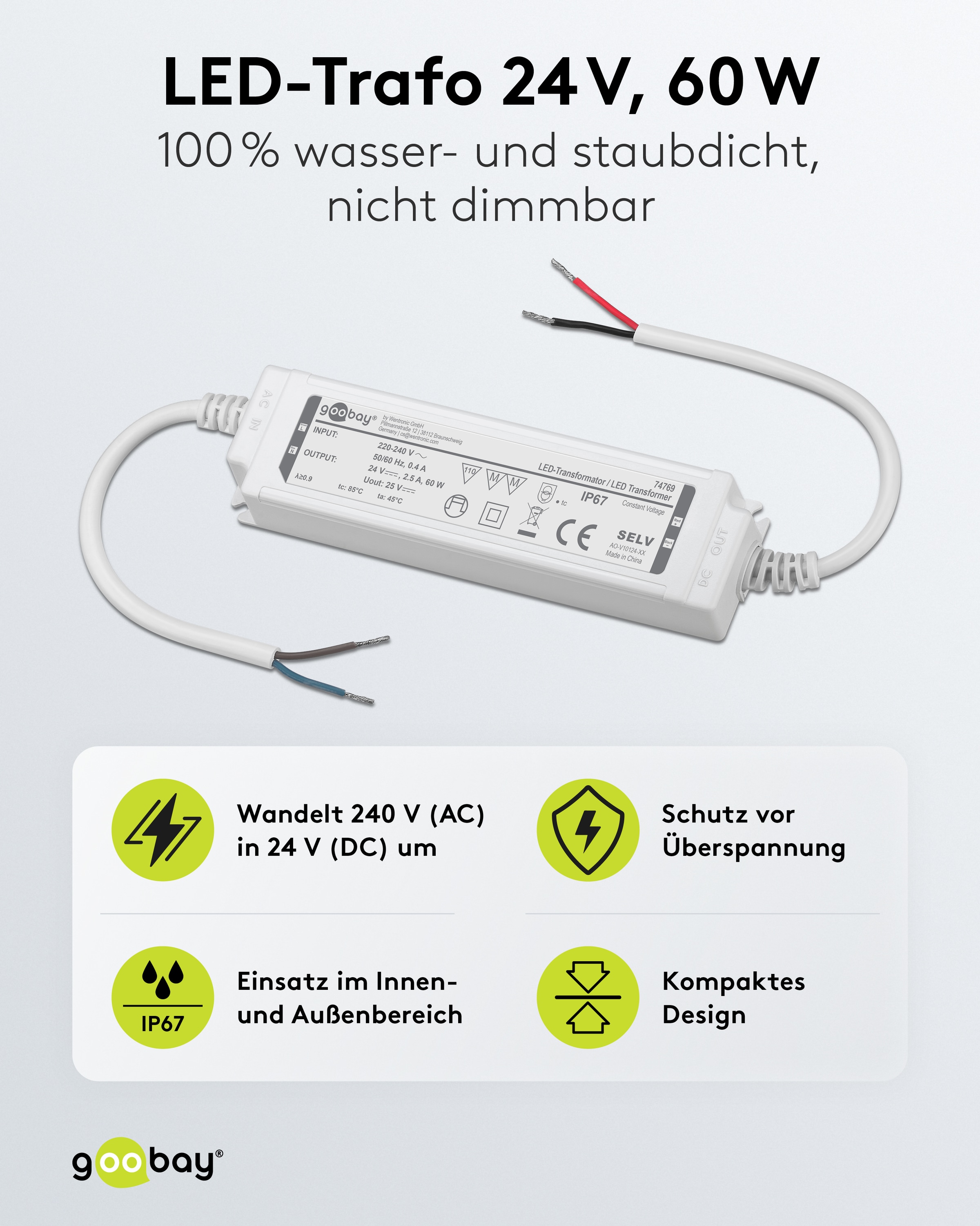 GOOBAY Wetterfester LED-Trafo 24V DC, 60W, 4.16 A, IP67 Wetterfester LED-Trafo GOOBAY 24V DC, 60W, 4.16 A, IP67