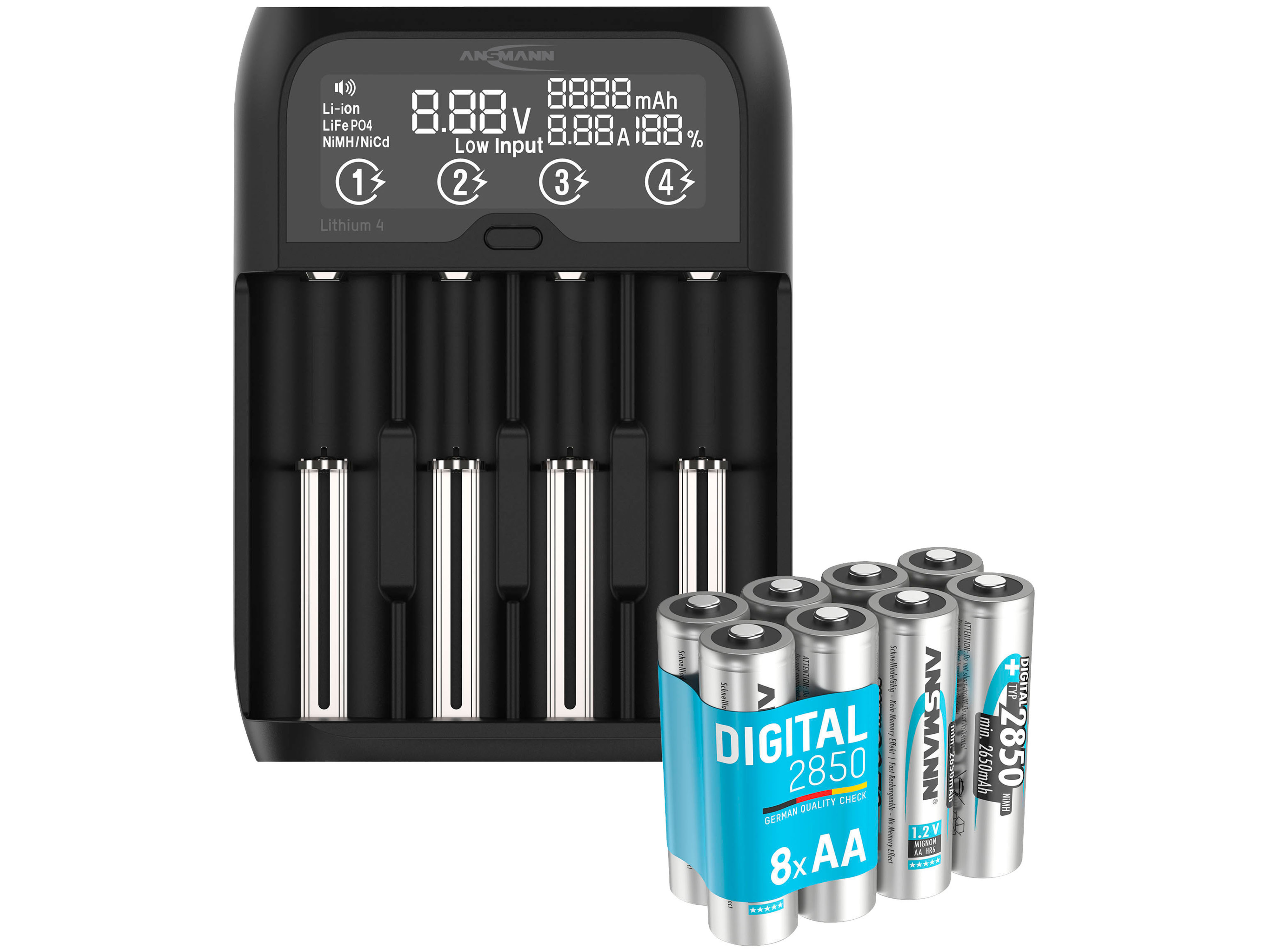 ANSMANN Lithium 4, Ladegerät, inkl. 8xAA NiMH Akkus 2850 mAh, Vorteilspack ANSMANN Lithium 4, Ladegerät, inkl. 8xAA NiMH Akkus 2850 mAh, Vorteilspack
