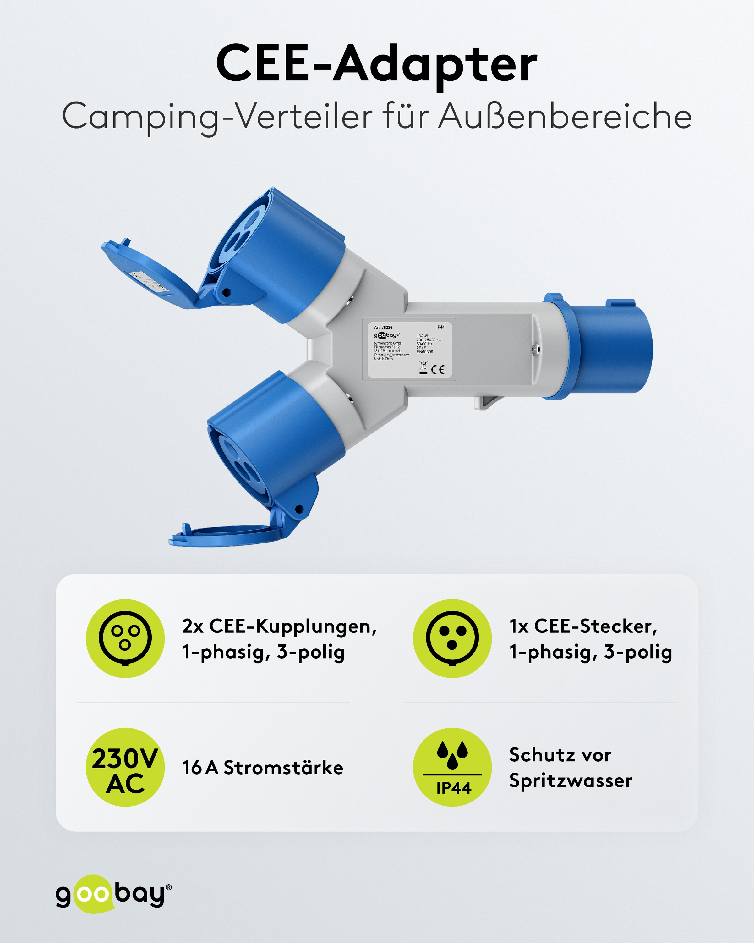 GOOBAY CEE-Adapter Y, 76236, Stecker zu 2x Kupplung GOOBAY CEE-Adapter Y, 76236, Stecker zu 2x Kupplung