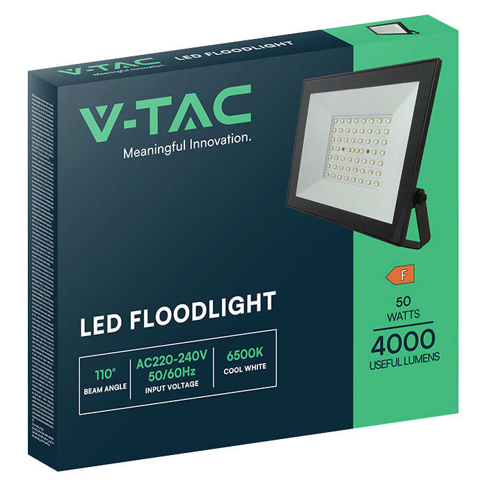 V-TAC LED-Fluter, VT-44054, 50 W, 6500K, EEK: F, 4000 lm, kaltweiß, IP65, schwarz