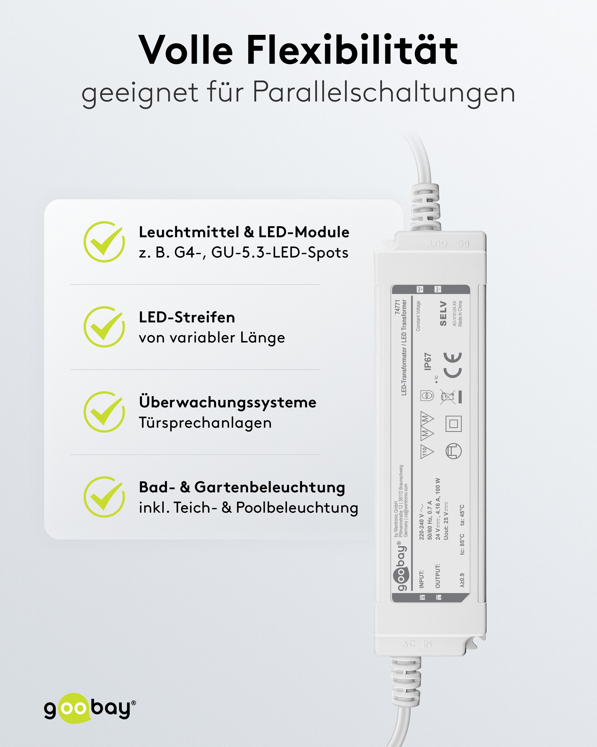 GOOBAY Wetterfester LED-Trafo 24V DC, 100W, 4.16 A, IP67 Wetterfester LED-Trafo GOOBAY 24V DC, 100W, 4.16 A, IP67