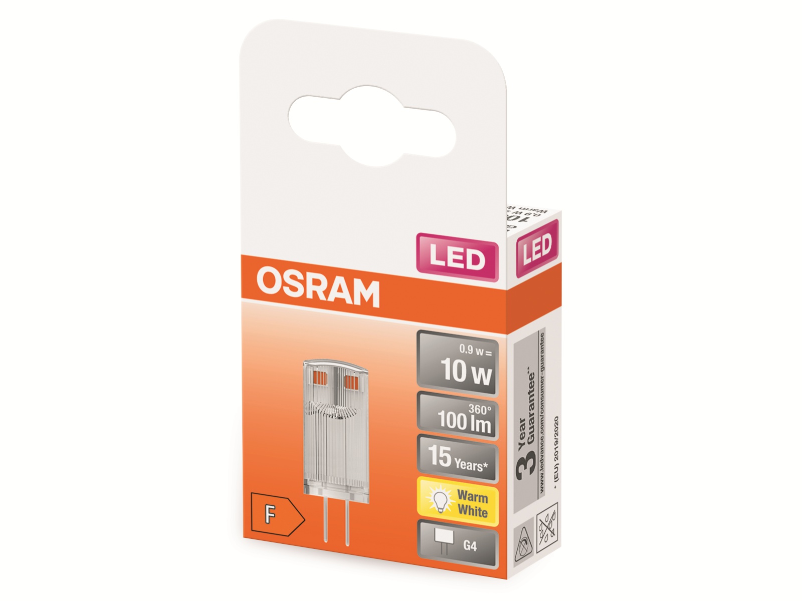 OSRAM LED-Stiftsockellampe, PIN10, G4, EEK: F, 0,9W, 100lm, 2700K OSRAM LED-Stiftsockellampe, PIN10, G4, EEK: F, 0,9W, 100lm, 2700K