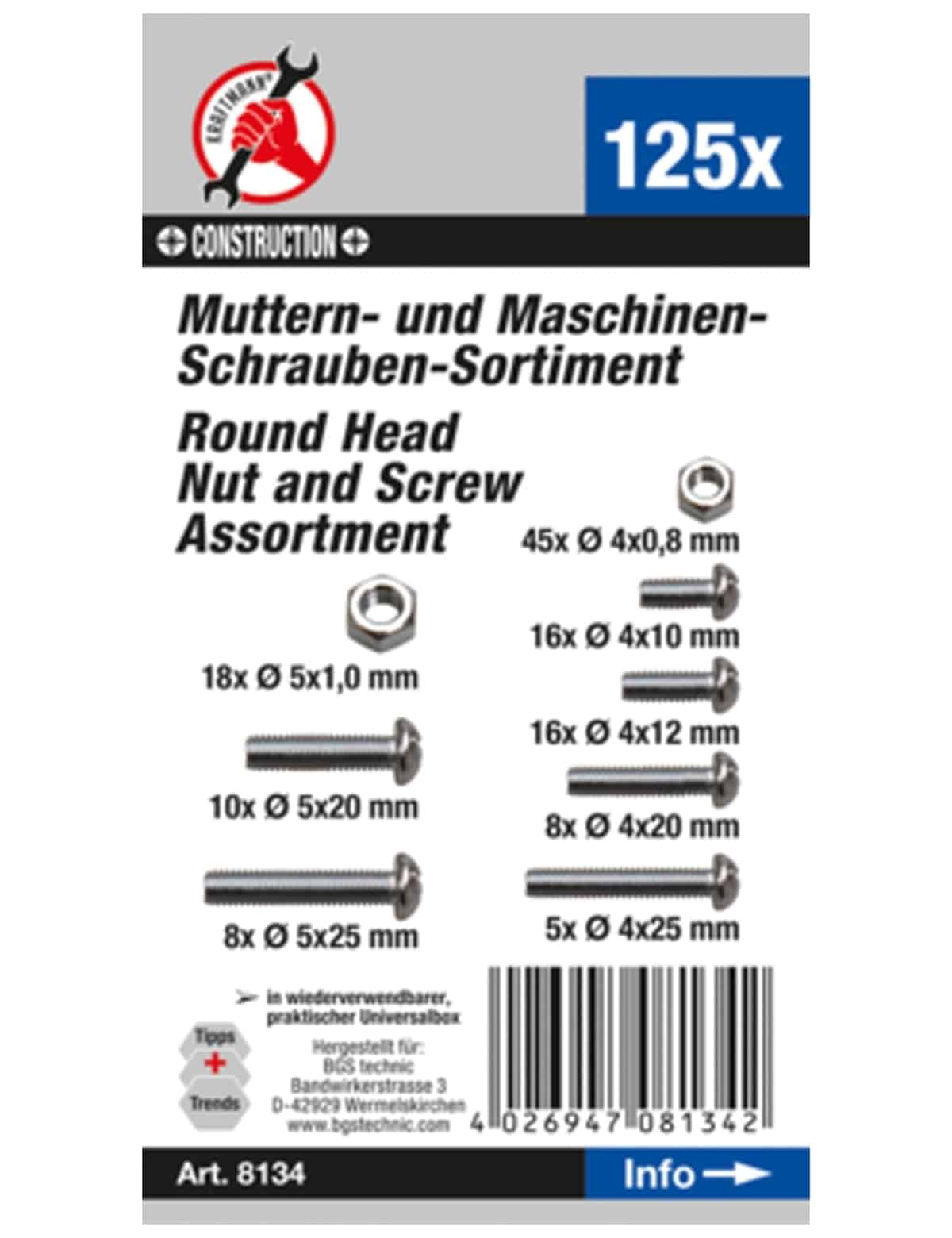 BGS TECHNIC Muttern- und Schrauben-Sortiment 8134, metrisch, M4 / M5, 125-tlg. BGS TECHNIC Muttern- und Schrauben-Sortiment 8134, metrisch, M4 / M5, 125-tlg.