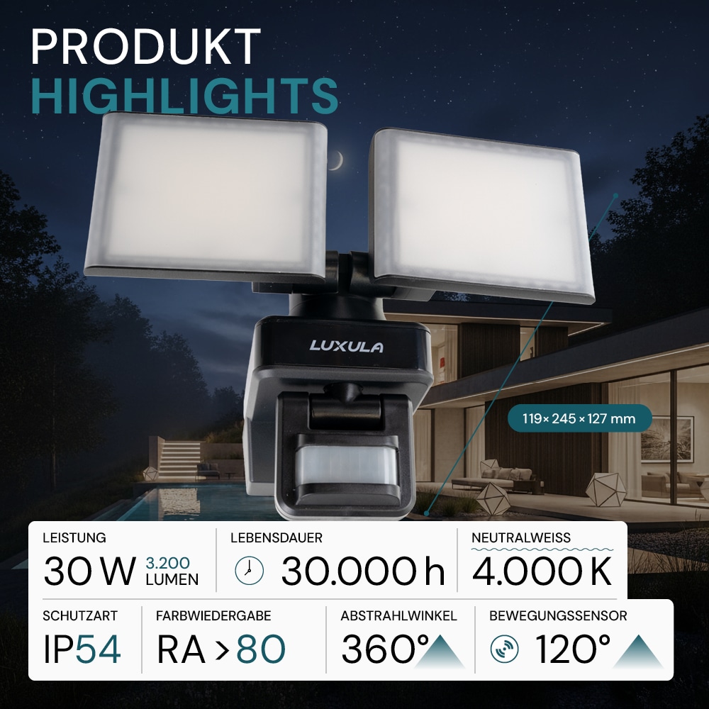 LUXULA LED-Fluter LX400192, mit BM, 2-köpfig, 2x 15 W, 3200 lm, 4000 K