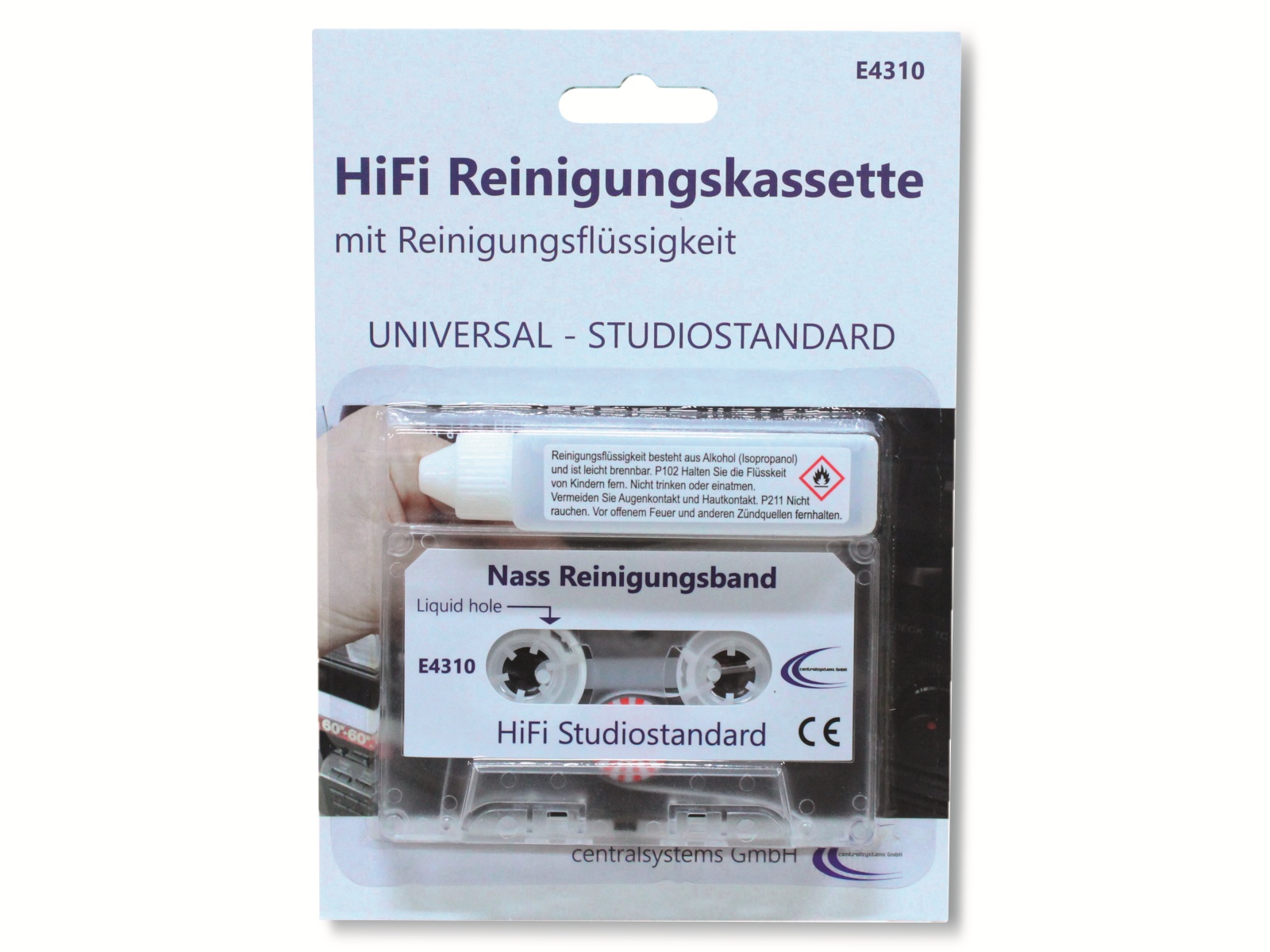 CENTRALSYSTEMS Reinigungskassette für Kassettenrekorder, mit Reinigungsflüssigkeit Reinigungskassette für Kassettenrekorder, mit Reinigungsflüssigkeit