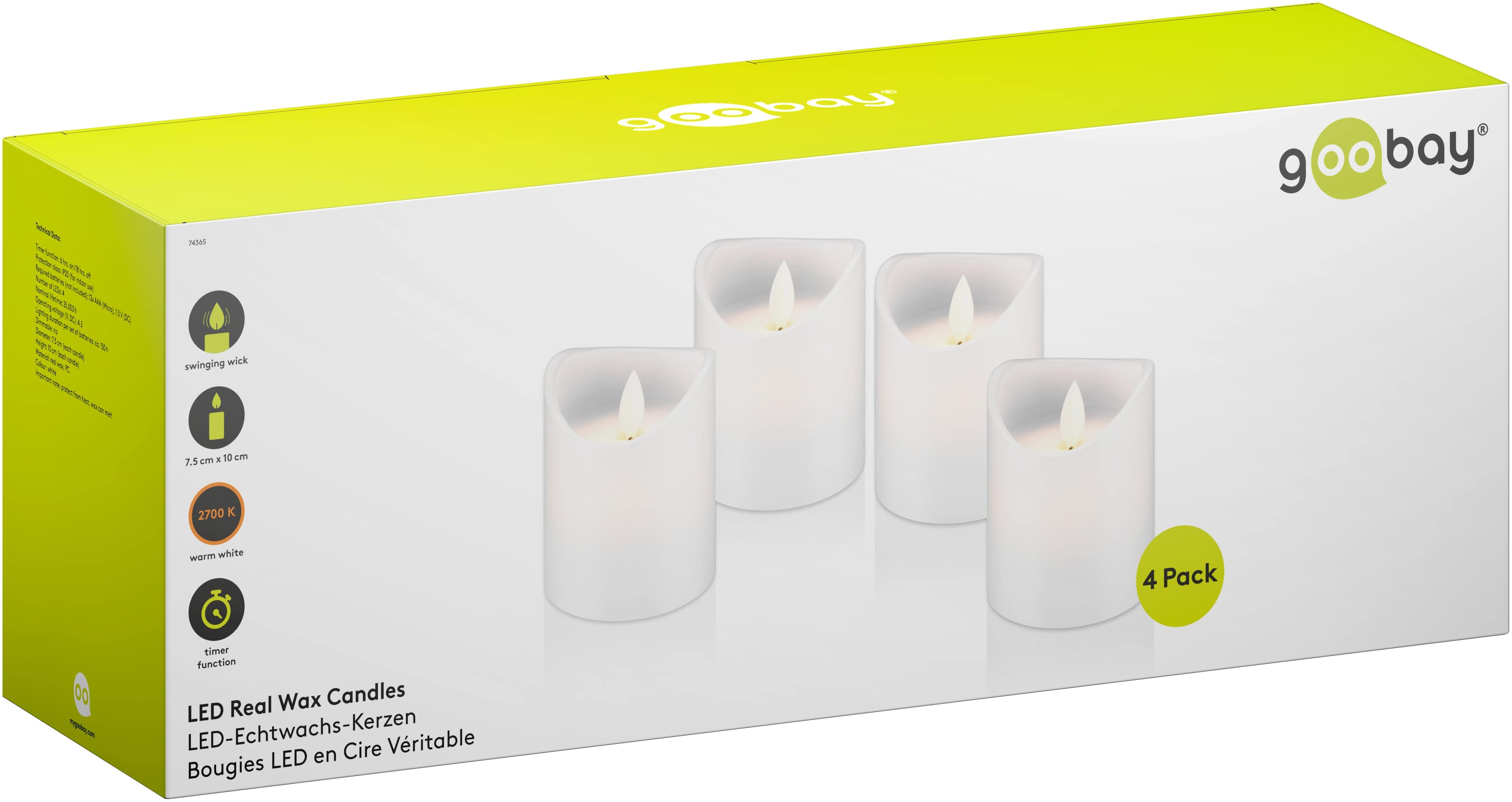 GOOBAY LED-Echtwachskerzen, Timerfunktion, 4 Stück, warmweiß, weiß GOOBAY LED-Echtwachskerzen, Timerfunktion, 4 Stück, warmweiß, weiß