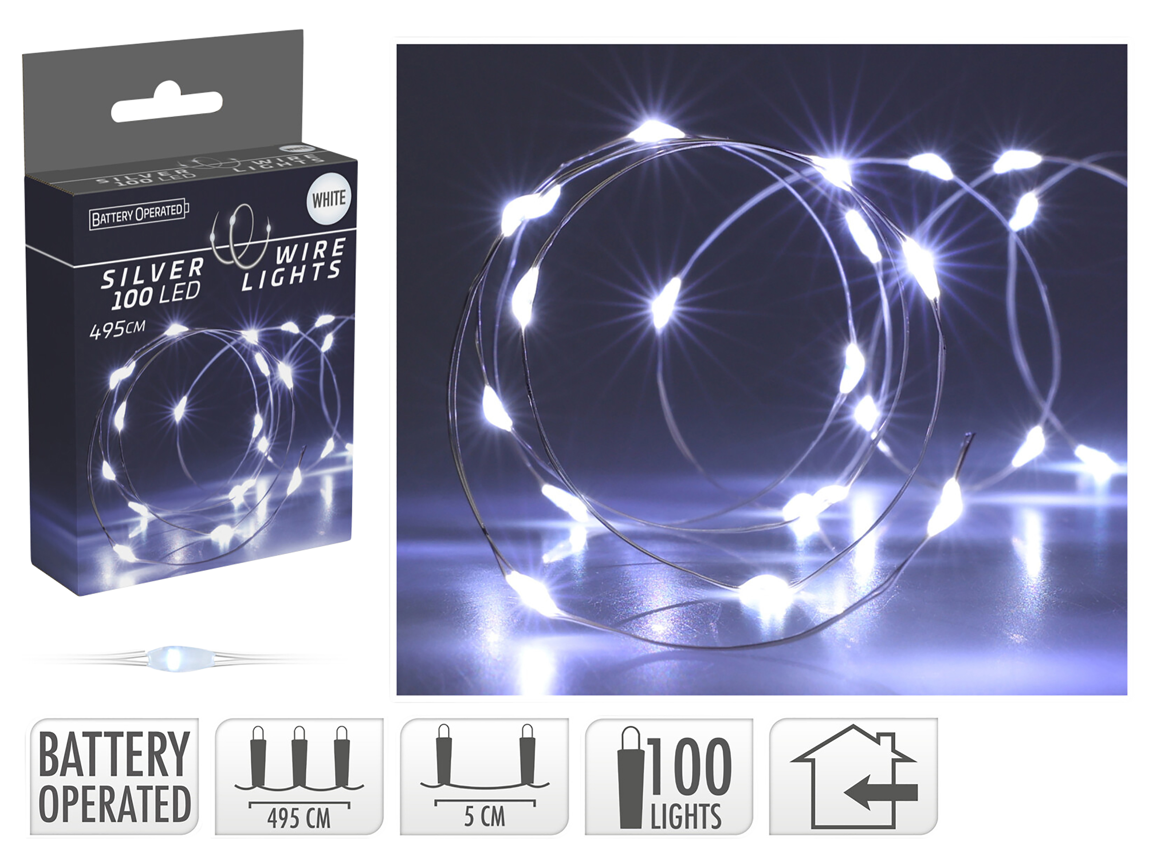 LED-Lichterkette, Silberdraht, 100 LEDs, kaltweiß, Batteriebetrieb