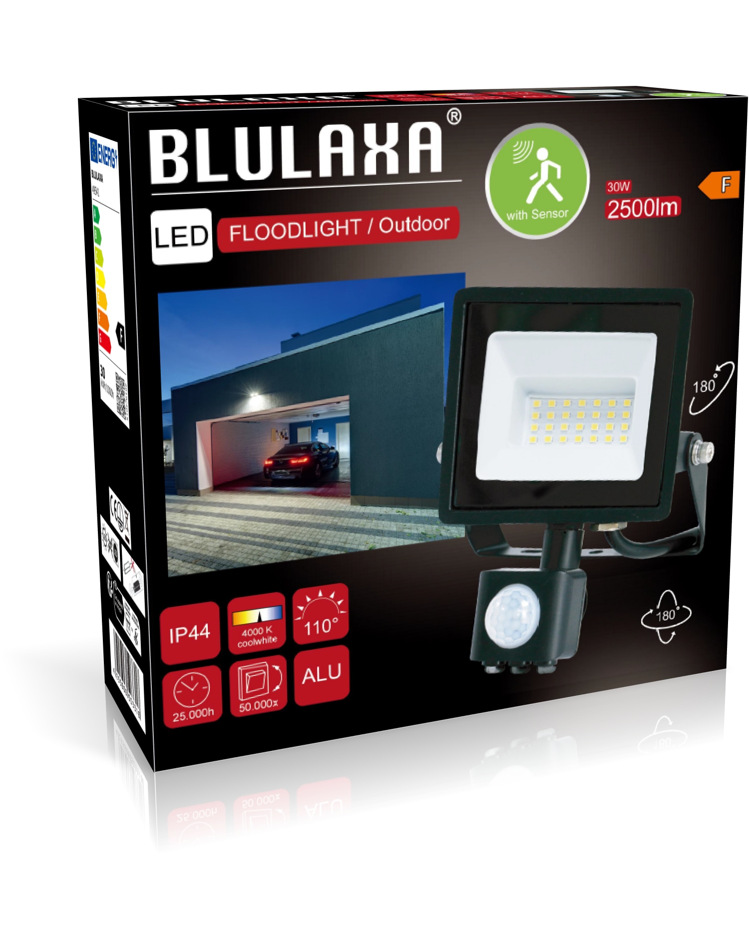 BLULAXA LED-Fluter mit Bewegungsmelder, EEK: F, 30W, 2500lm, 4000K, schwarz