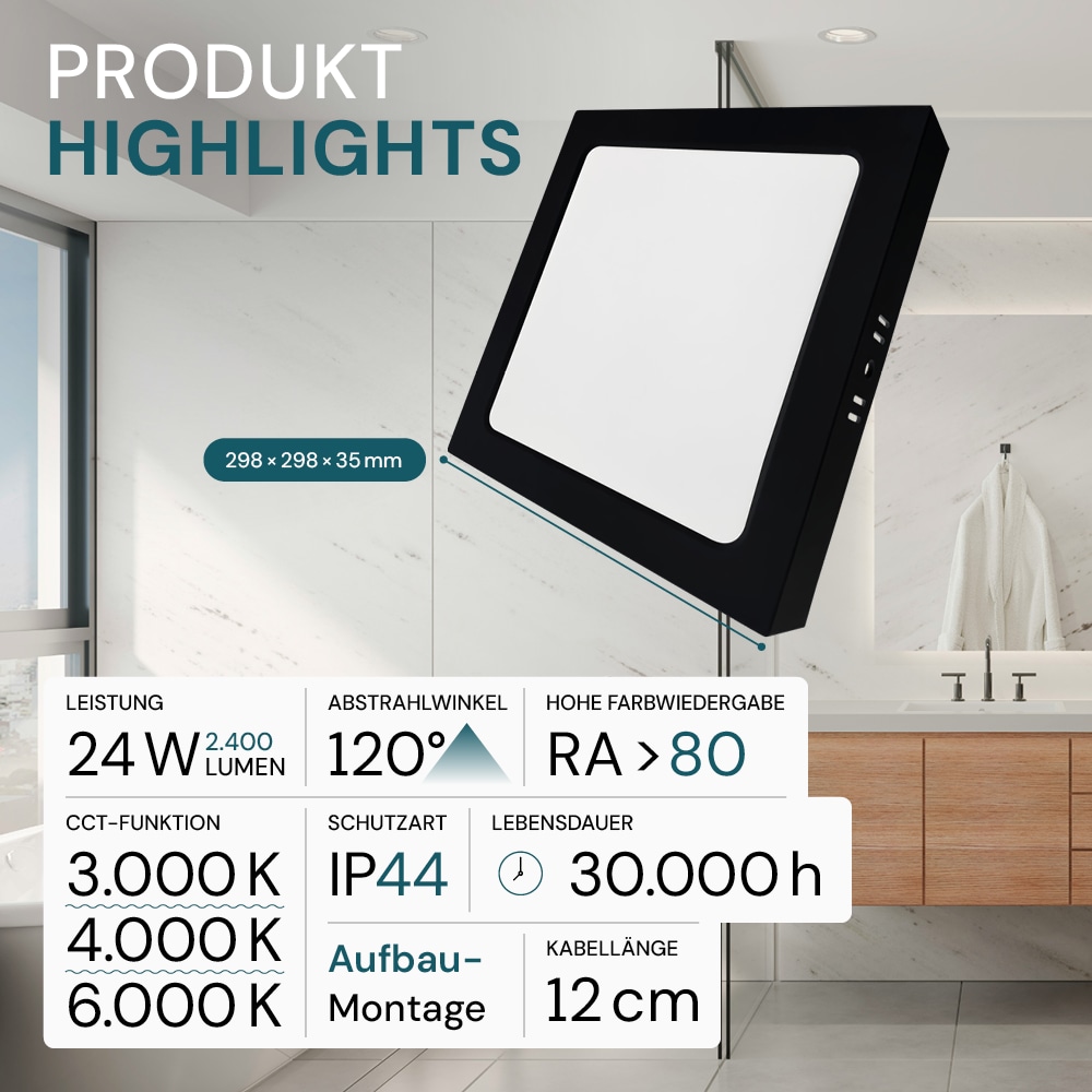 LUXULA LED-Deckenleuchte, 24W, EEK: F, 2400lm, CCT, IP44, quadrat, schwarz