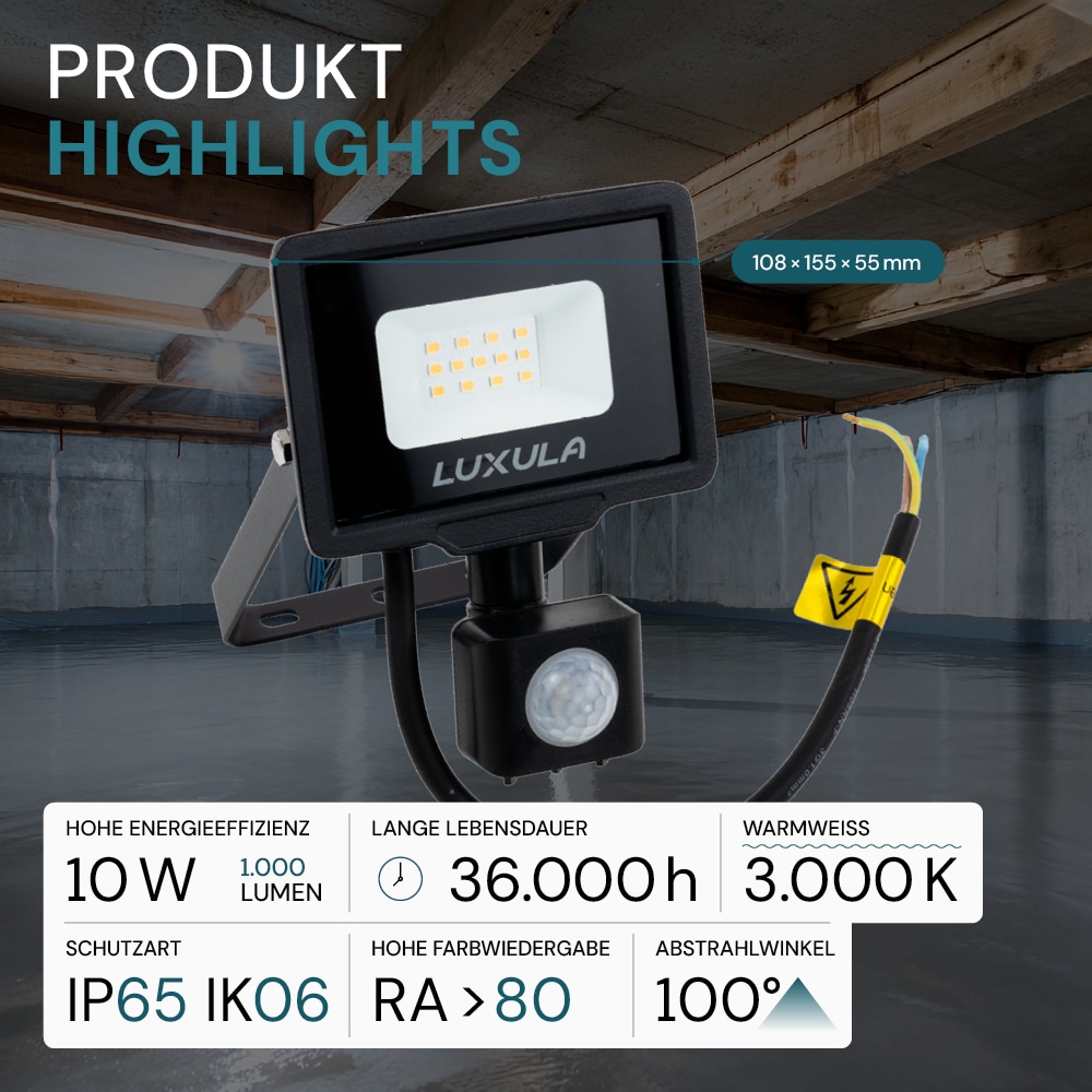 LUXULA LED-Fluter mit Bewegungsmelder, EEK: F, 10W, 1000lm, 3000K, schwarz