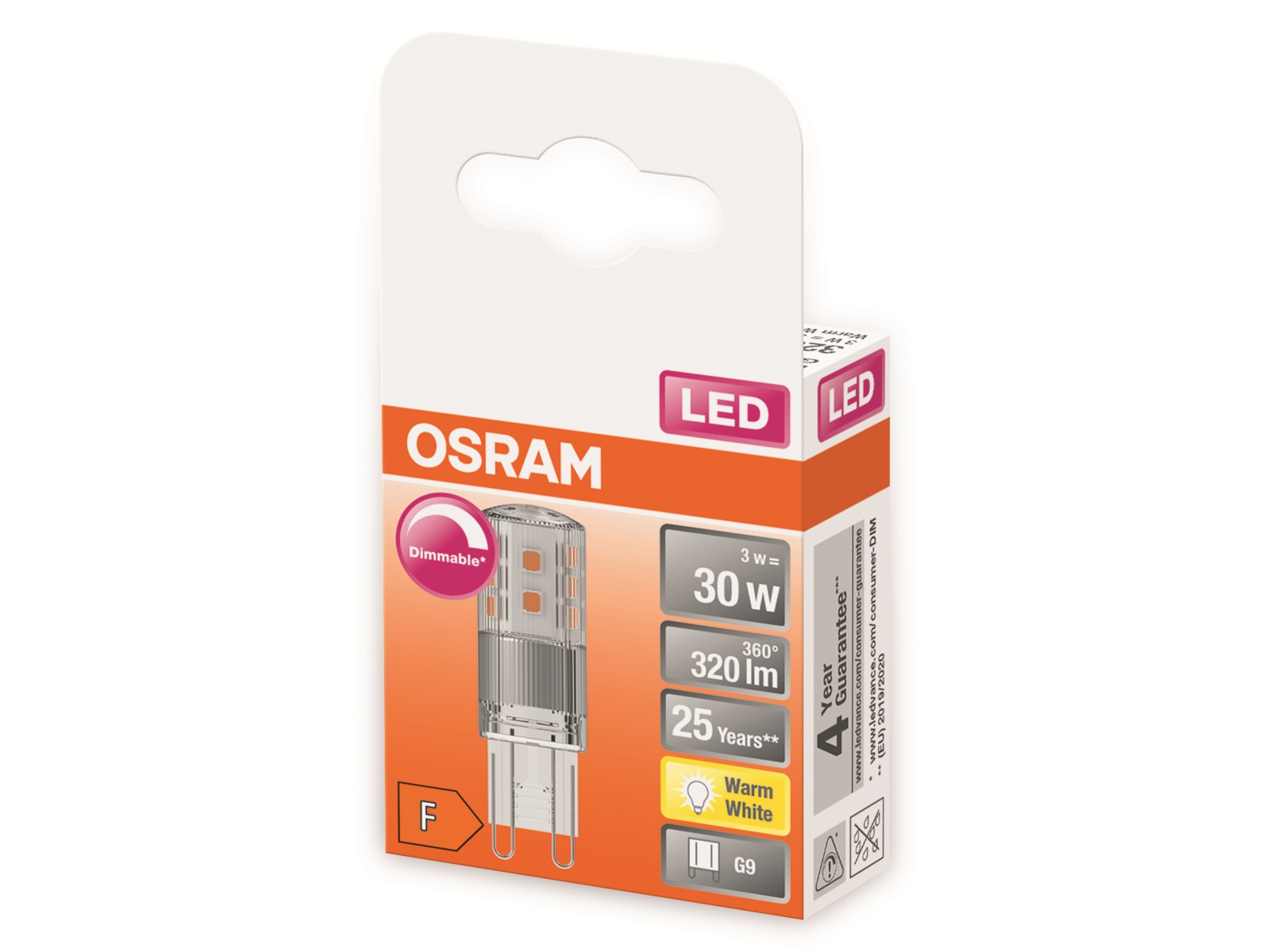 OSRAM LED-Stiftsockellampe, PIN32, G9, EEK: F, 3W, 320lm, 2700K OSRAM LED-Stiftsockellampe, PIN32, G9, EEK: F, 3W, 320lm, 2700K