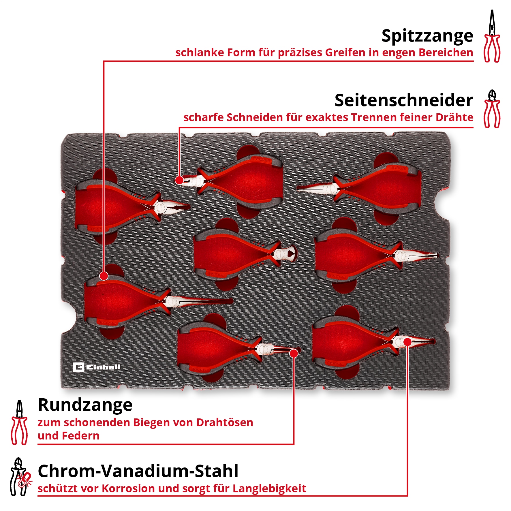 EINHELL E-Case-Einleger Feinmechaniker-Zangen, 505272, 8-teilig EINHELL E-Case-Einleger Feinmechaniker-Zangen, 505272, 8-teilig