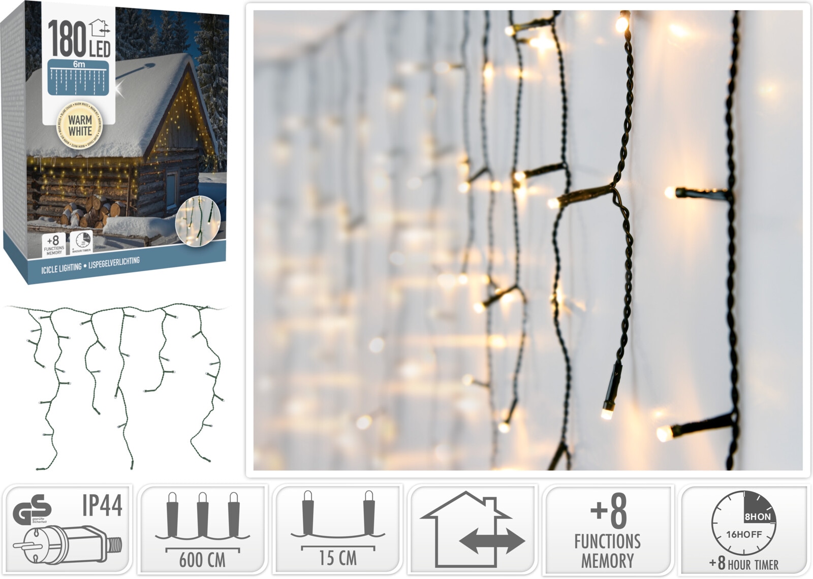 KOOPMAN LED-Lichterkettenvorhang warmweiß, 180 LEDs, Grünes Kabel, Innen/Außen, 9m