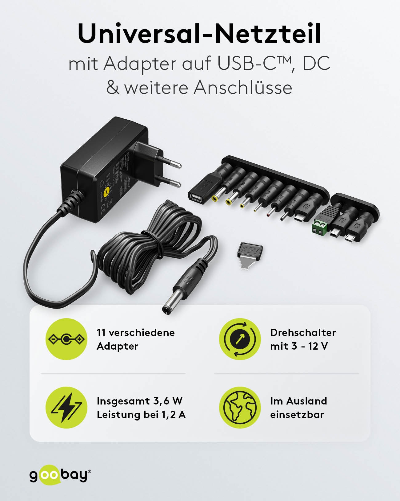 GOOBAY Universal-Netzteil 65592, 3-12V, 3,6W, mit 11 Adaptern GOOBAY Universal-Netzteil 65592, 3-12V, 3,6W, mit 11 Adaptern