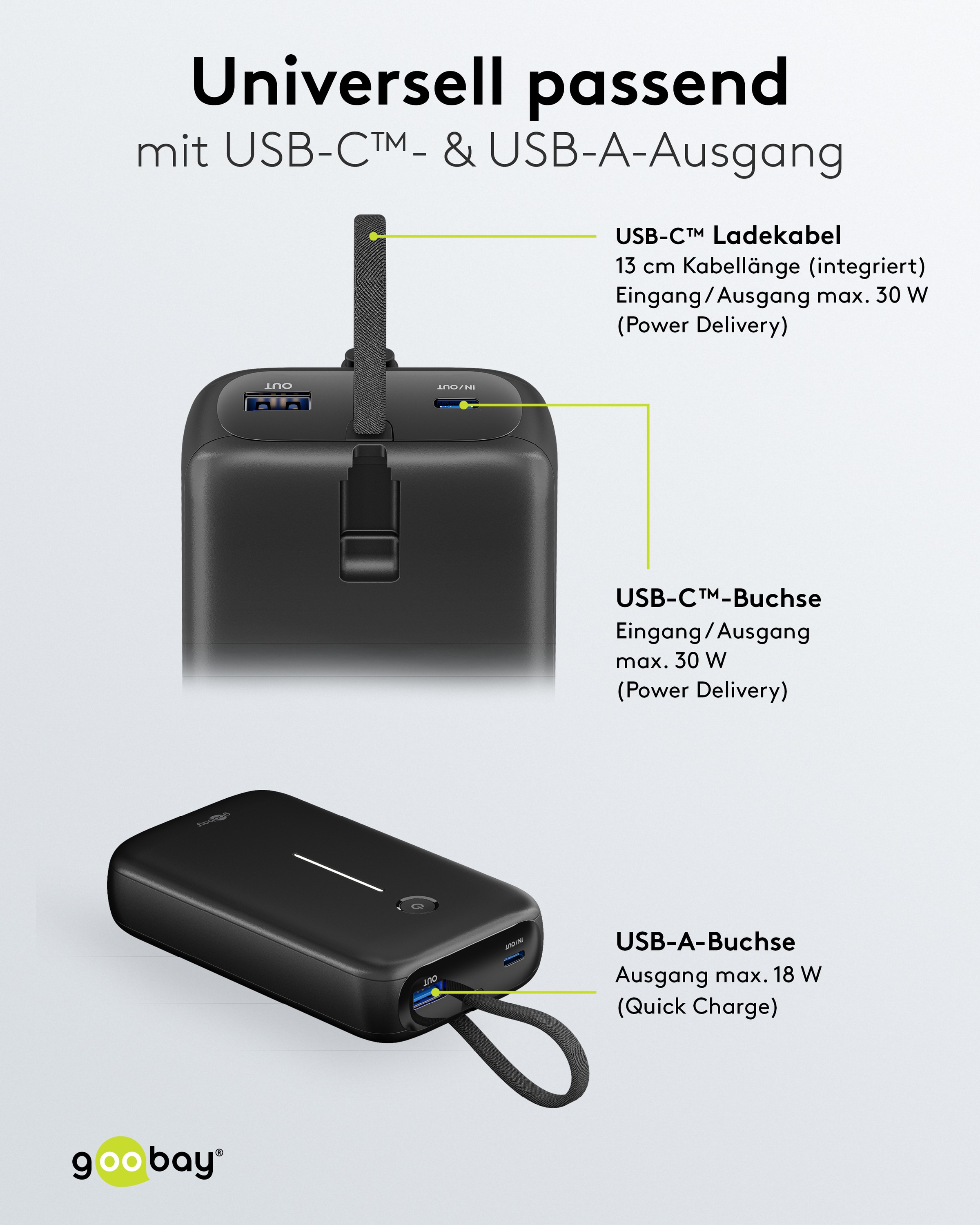 GOOBAY USB Powerbank 76252, 20.000mAh, 30 W, USB-A, 2x USB-C, schwarz GOOBAY USB Powerbank 76252, 20.000mAh, 30 W, USB-A, 2x USB-C, schwarz