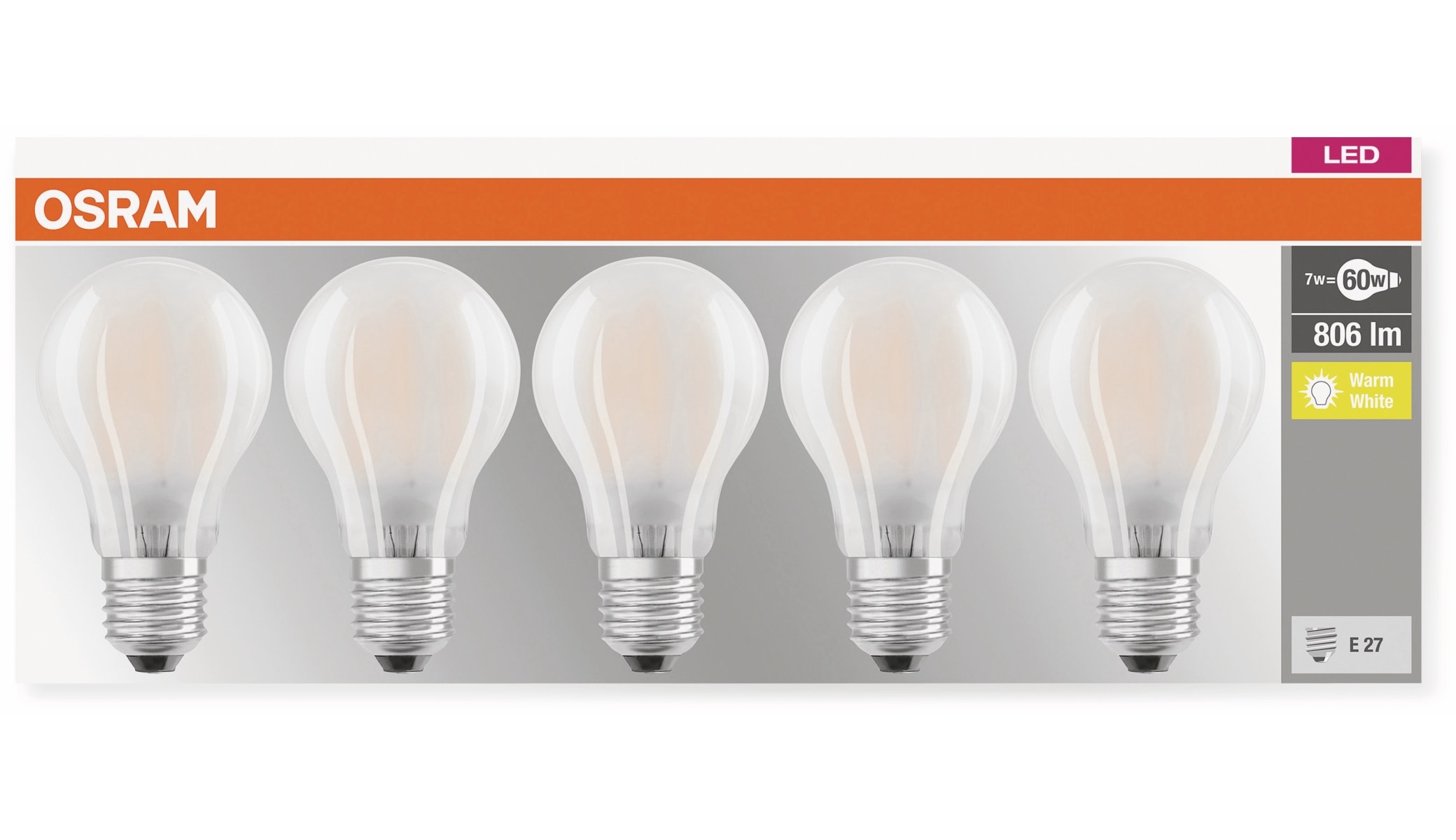 OSRAM LED-Lampe BASE CLAS A, E27, EEK: E, 7W, 806 lm, 2700 K, 5 Stk. matt