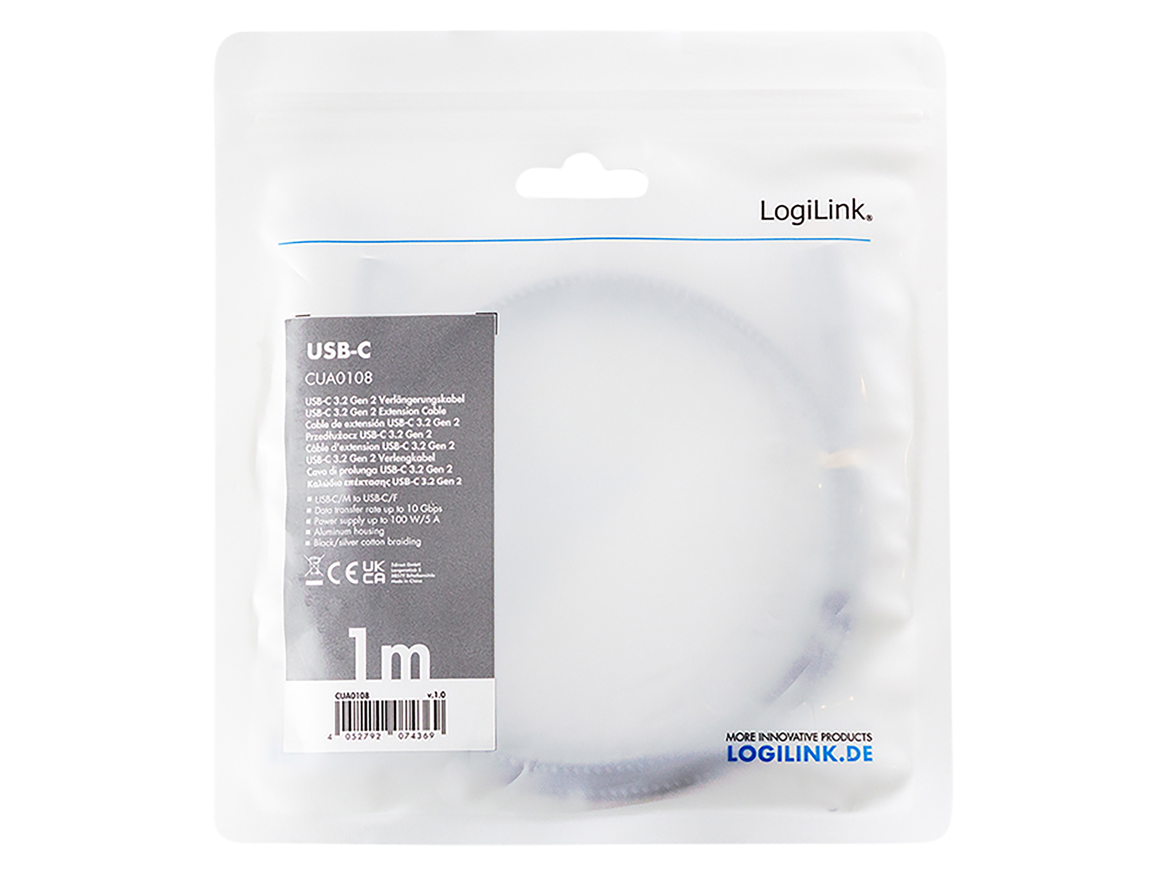 LOGILINK USB3.2 Kabel CUA0108 USB-C M/USB-C F PD Alu 1m schwarz/grau