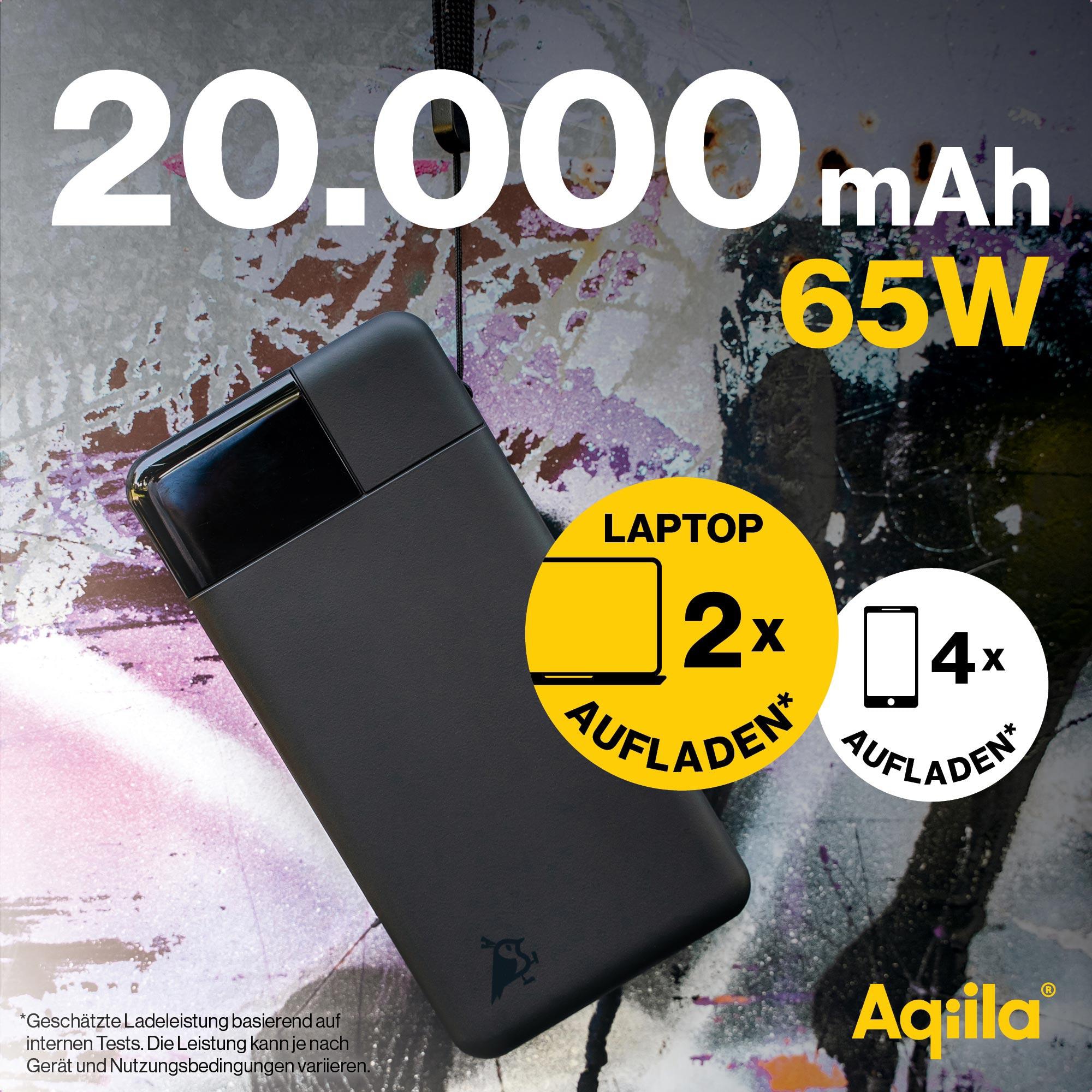 AQIILA Powerbank Powerbird B20+, 65 W, 20.000mAh, 1x USB-A, 2x USB-C, schwarz AQIILA Powerbank Powerbird B20+, 65 W, 20.000mAh, 1x USB-A, 2x USB-C, schwarz
