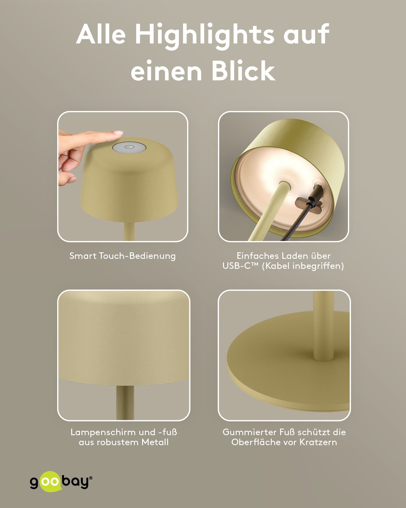 GOOBAY LED-Tischleuchte 77678, 2W, 3000 K, 150 lm, warmweiß, IP44, beige GOOBAY LED-Tischleuchte 77678, 2W, 3000 K, 150 lm, warmweiß, IP44, beige