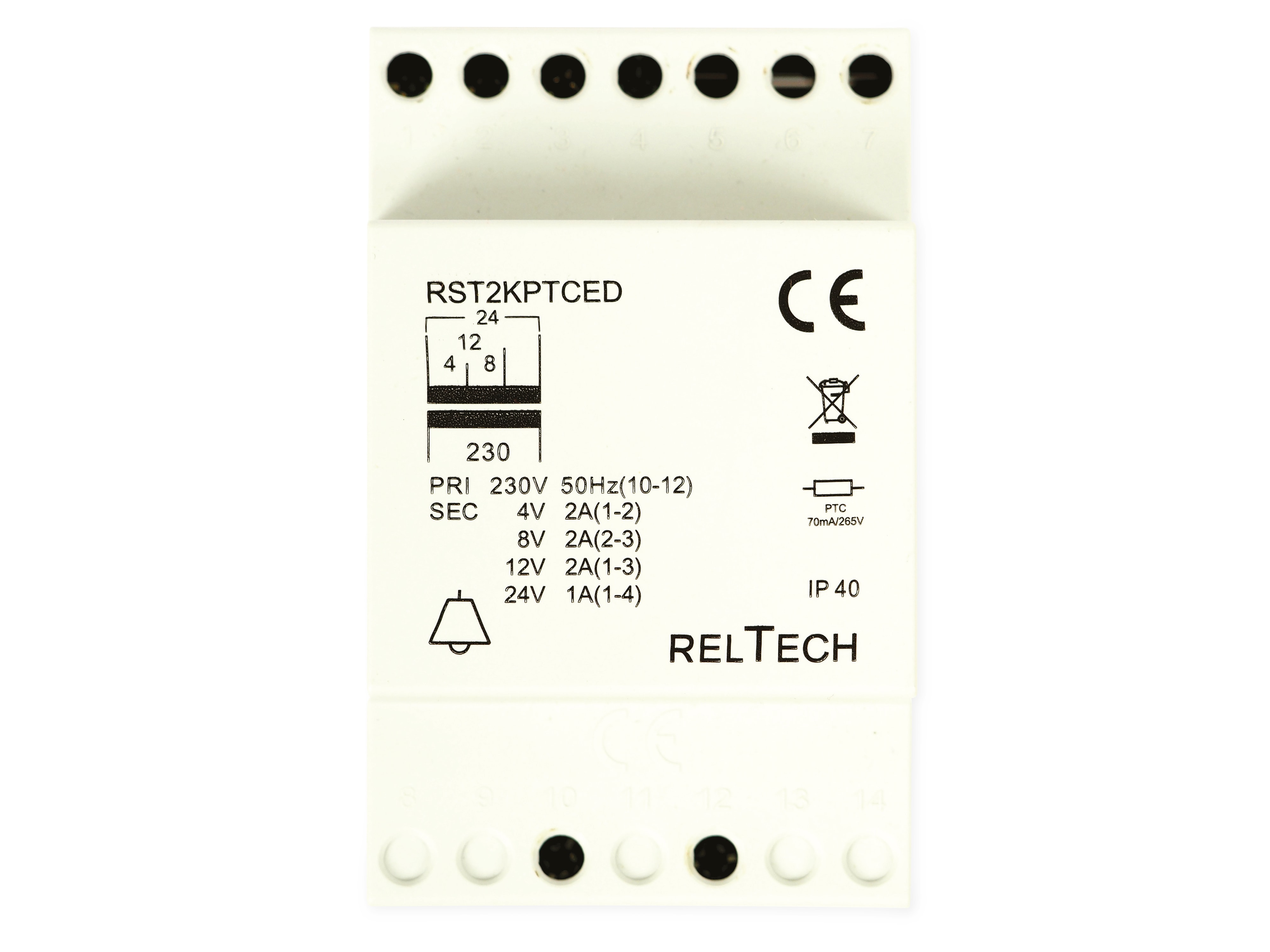 RELTECH Sicherheitstransformator RST2PTCED, 4-8-12-24V/2-2-2-1A RELTECH Sicherheitstransformator RST2PTCED, 4-8-12-24V/2-2-2-1A