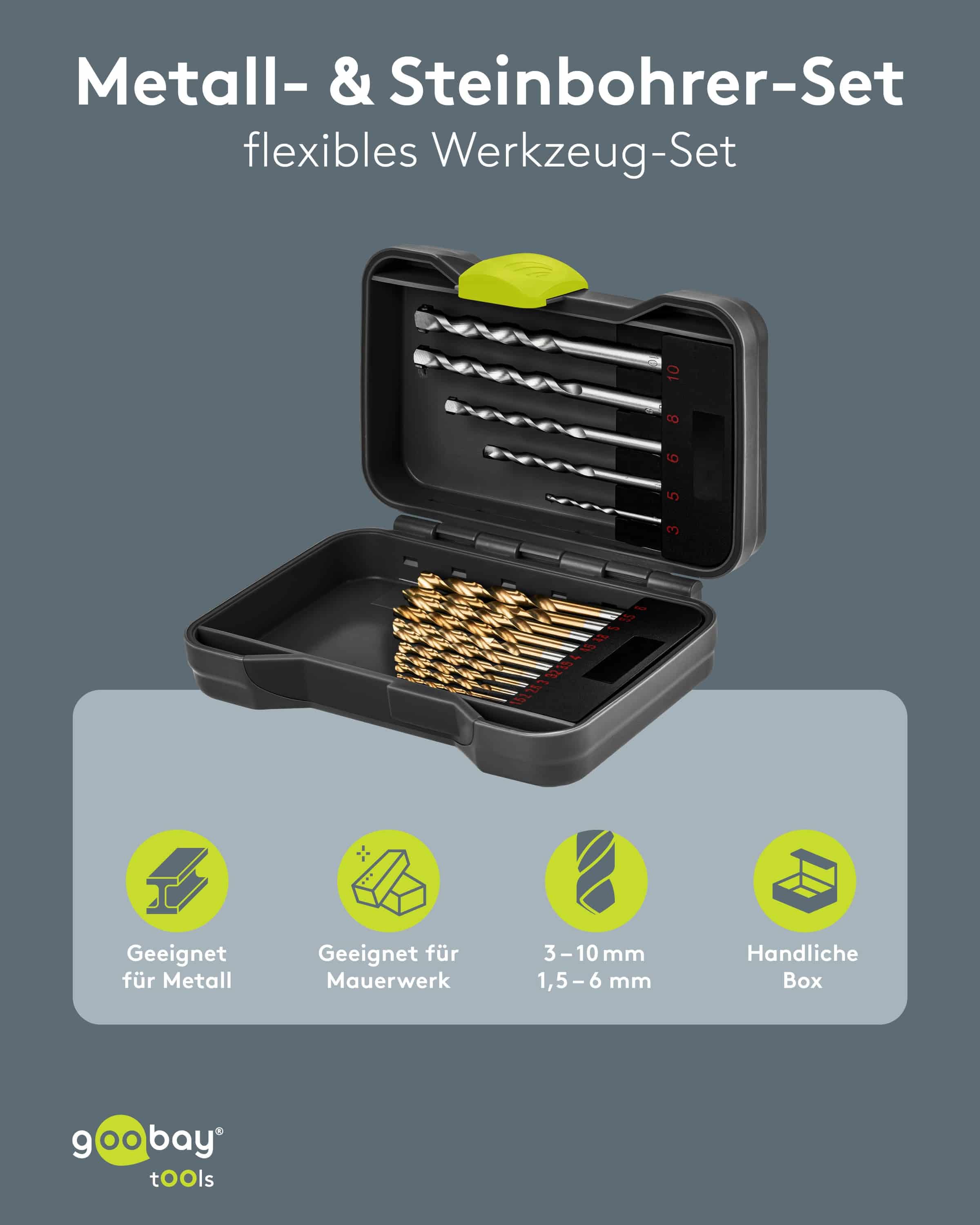 GOOBAY TOOLS Metall- & Steinbohrer-Set, 77848, 1,5-10 mm, 17-teilig GOOBAY TOOLS Metall- & Steinbohrer-Set, 77848, 1,5-10 mm, 17-teilig