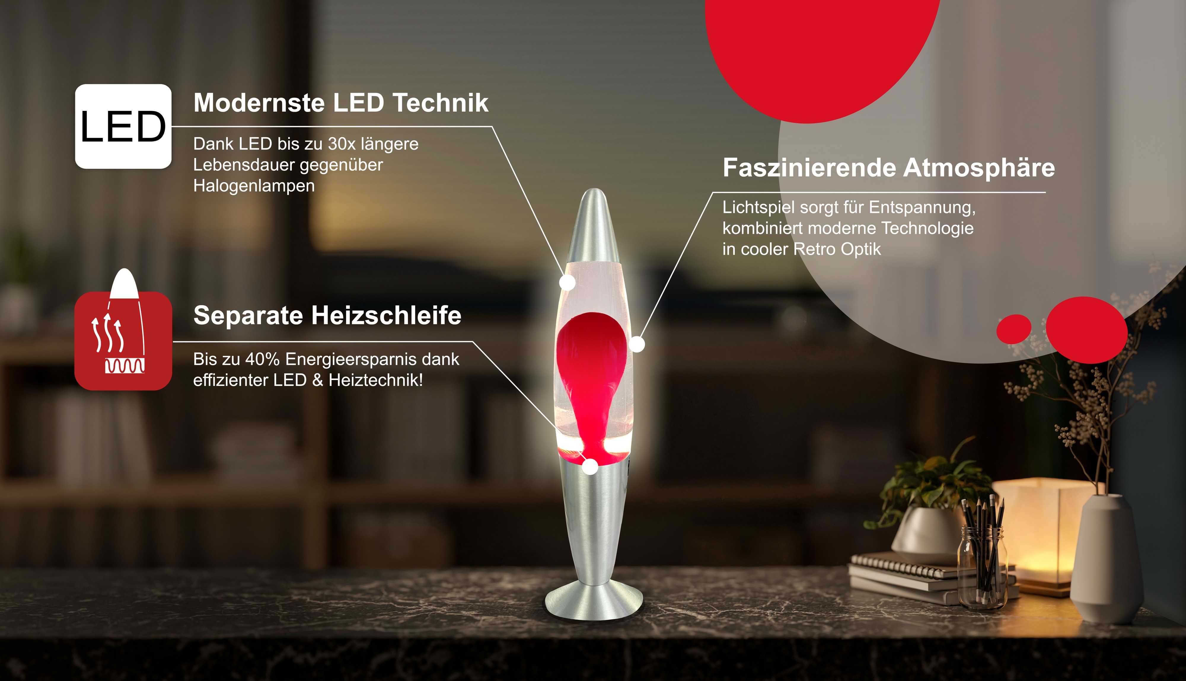 BLULAXA LED-Lava-Tischleuchte, 50960, 20W, 34 cm, rot/klar BLULAXA LED-Lava-Tischleuchte, 50960, 20W, 34 cm, rot/klar