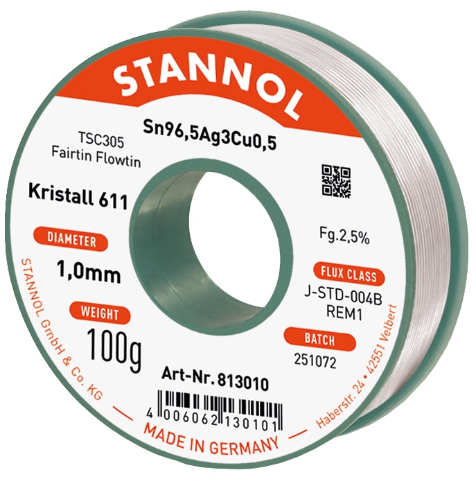 STANNOL Lötzinn Kristall 611, TSC305, Sn96,5Ag3,0Cu0,5, Fairtin Flowtin, 1,0 mm, 100 g STANNOL Lötzinn Kristall 611, TSC305, Sn96,5Ag3,0Cu0,5, Fairtin Flowtin, 1,0 mm, 100 g