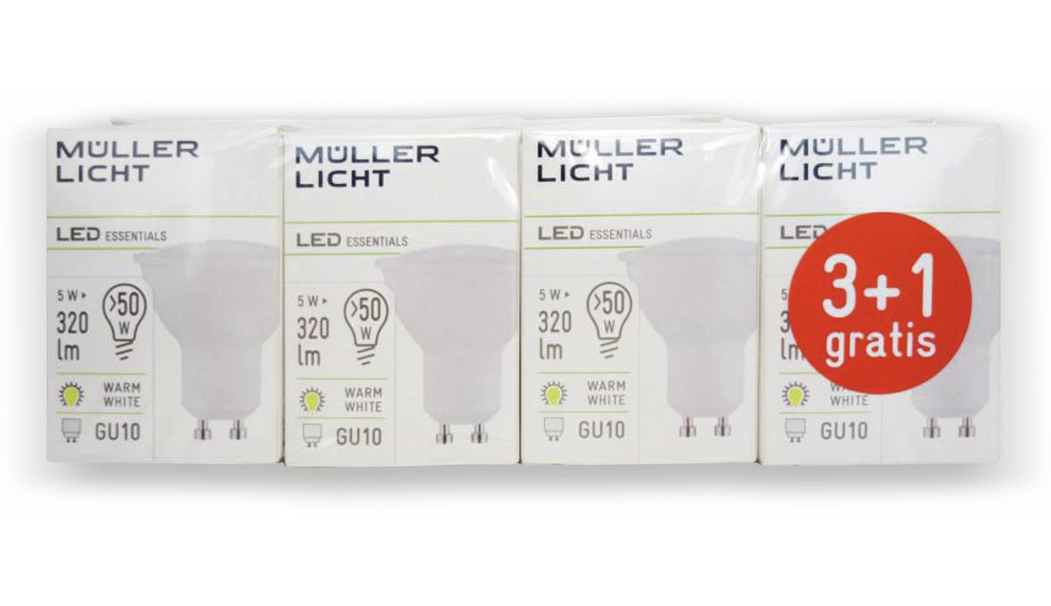 MÜLLER-LICHT LED-Lampe GU10, EEK: G, 5 W, 320 lm, 2700 K, 4 Stück MÜLLER-LICHT LED-Lampe GU10, EEK: G, 5 W, 320 lm, 2700 K, 4 Stück