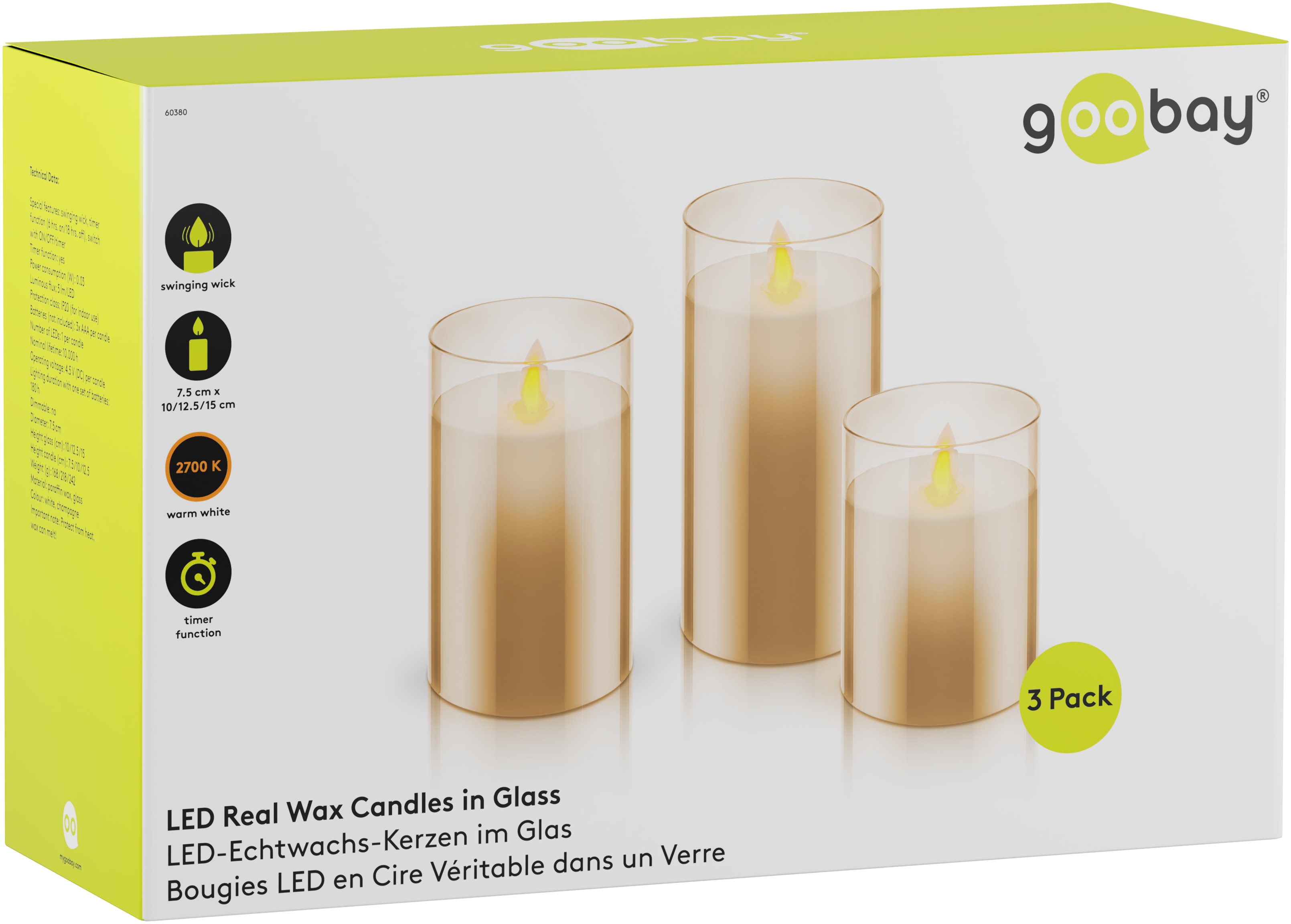 GOOBAY LED-Echtwachskerzen, Glas, Timerfunktion, 3 Stück, warmweiß, gold GOOBAY LED-Echtwachskerzen, Glas, Timerfunktion, 3 Stück, warmweiß, grau