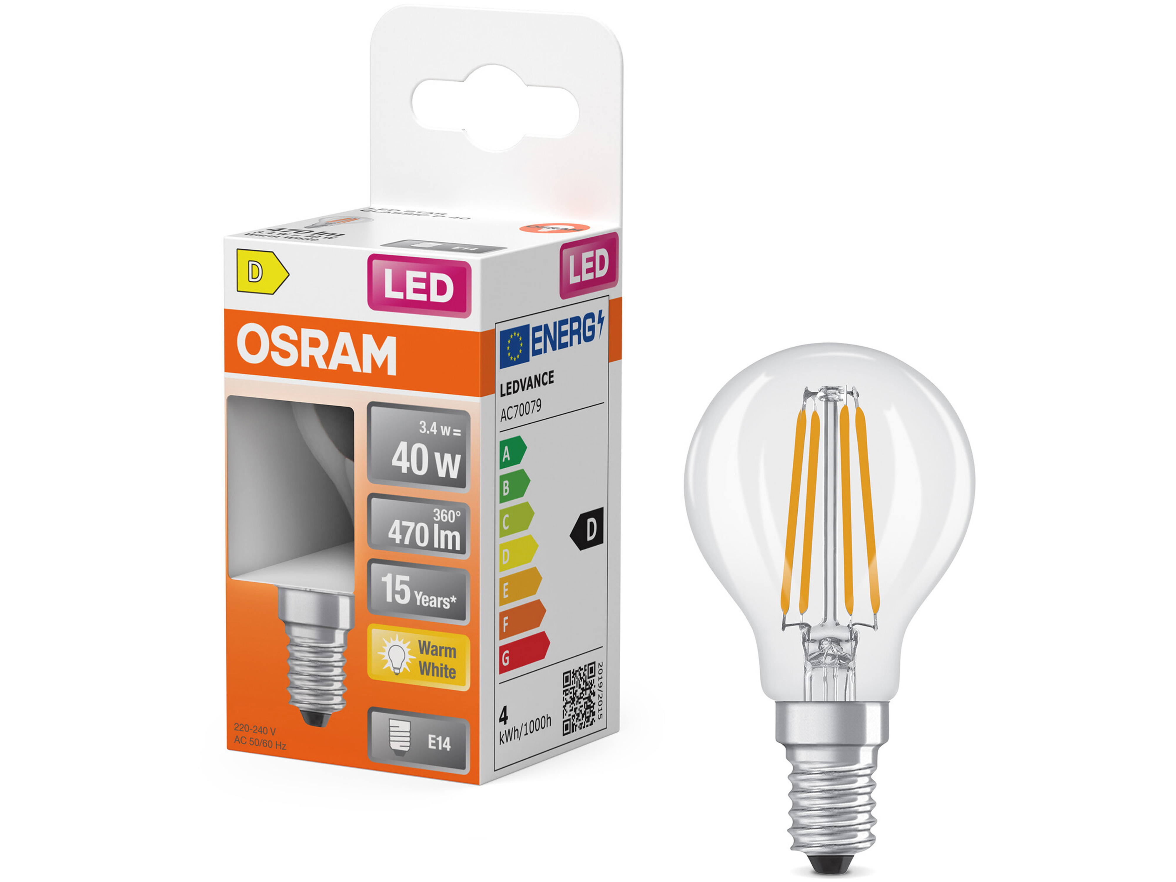 OSRAM LED-Lampe Retrofit, 3,4 W, E14, 2700K, EEK:D, 470 lm, IP20, warmweiß OSRAM LED-Lampe Retrofit, 3,4 W, E14, 2700 K, EEK: D, 470 lm, IP20, warmweiß